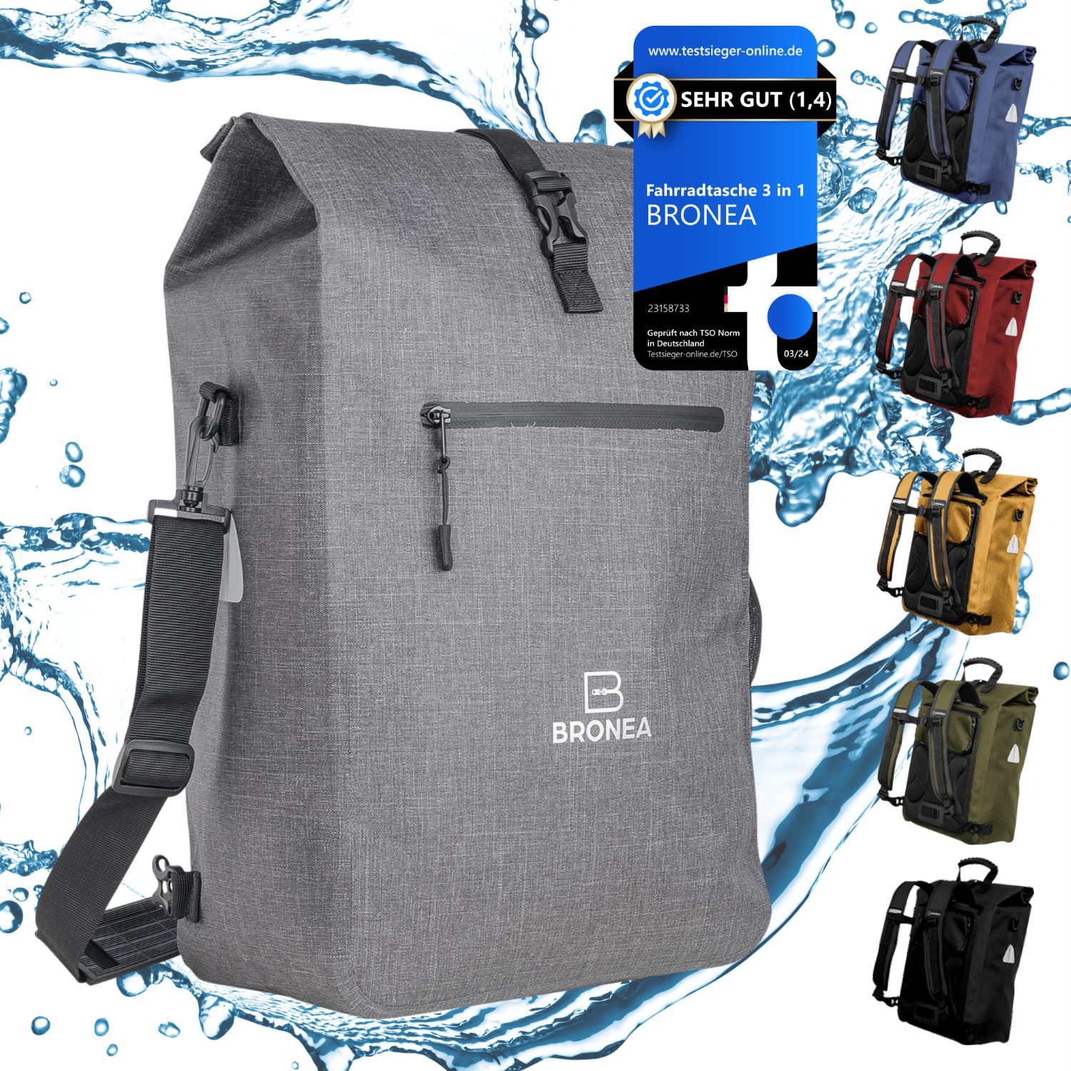 Bronea Fahrradtasche 3-in-1 Wasserdicht - 28L - GREY- Kombi Rucksack & Umhängetasche (Schnellmontage an Gepäckträger, Integrierte Laptoptasche), PVC-frei - Reflektierende Elemente - Gepolsterte Rückwand