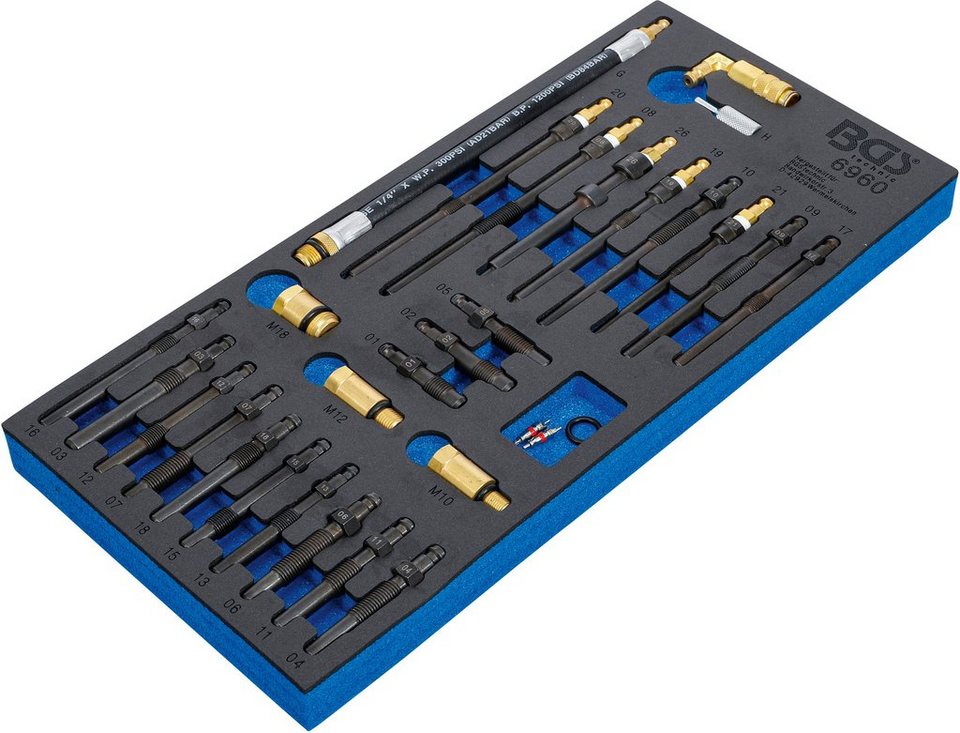 BGS Werkzeugset Adapter für Kompressions- und Druckverlusttester, 30-tlg.,  Werkstattwageneinlage 1/3