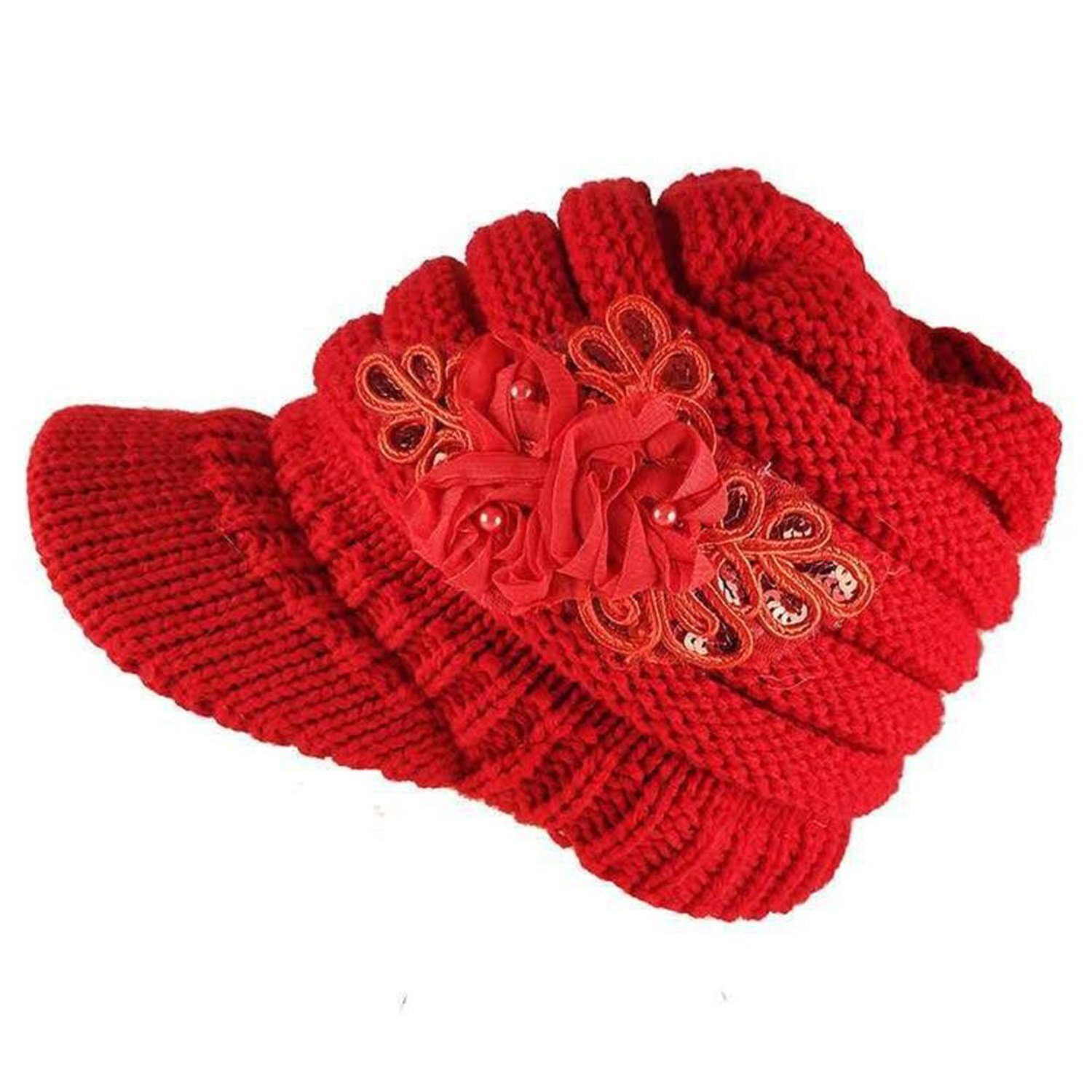 Schiebermützen Warme Damen-Wintermütze mit Ballonmütze Bommelmützen, Blumendekoration MAGICSHE rot