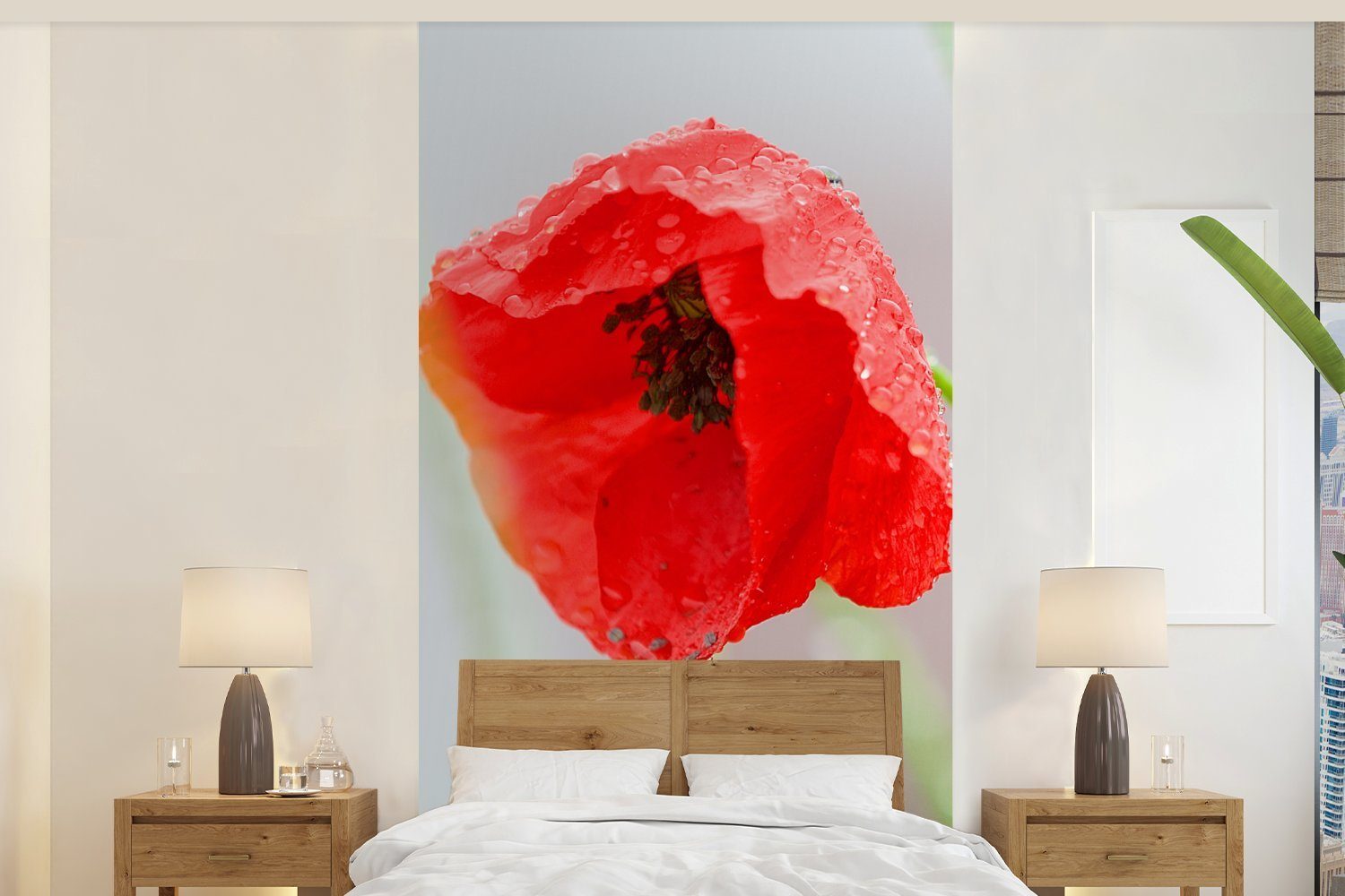 MuchoWow Fototapete Tau auf einer roten Mohnblume, Matt, bedruckt, (2 St), Vliestapete für Wohnzimmer Schlafzimmer Küche, Fototapete