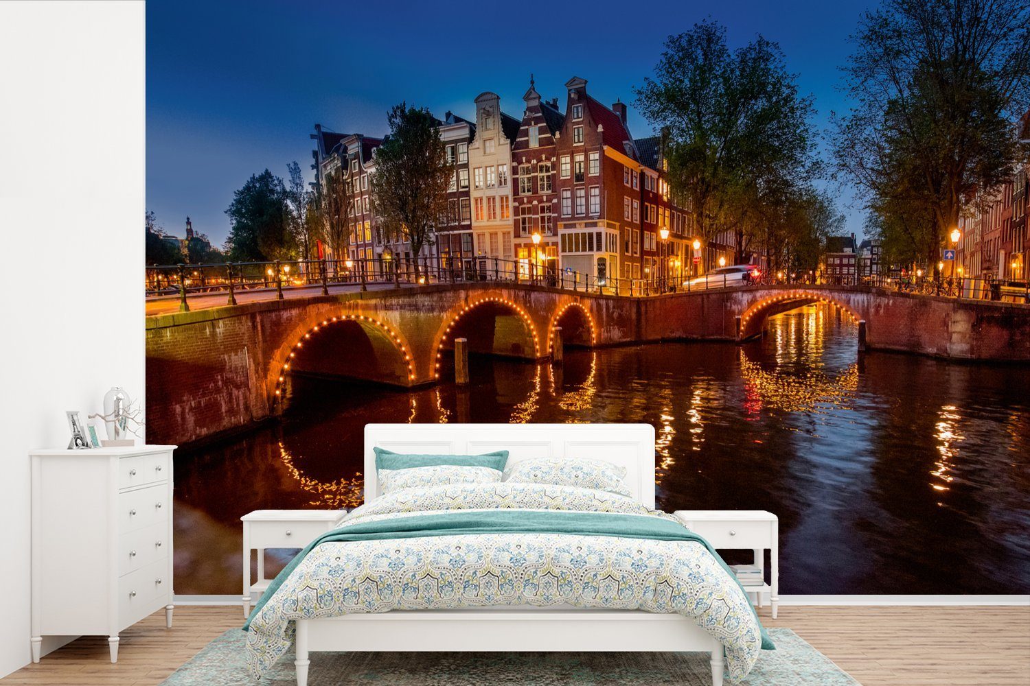 MuchoWow Fototapete Amsterdams Keizersgracht mit einer beleuchteten Brücke, Matt, bedruckt, (6 St), Wallpaper für Wohnzimmer, Schlafzimmer, Kinderzimmer, Vinyl Tapete