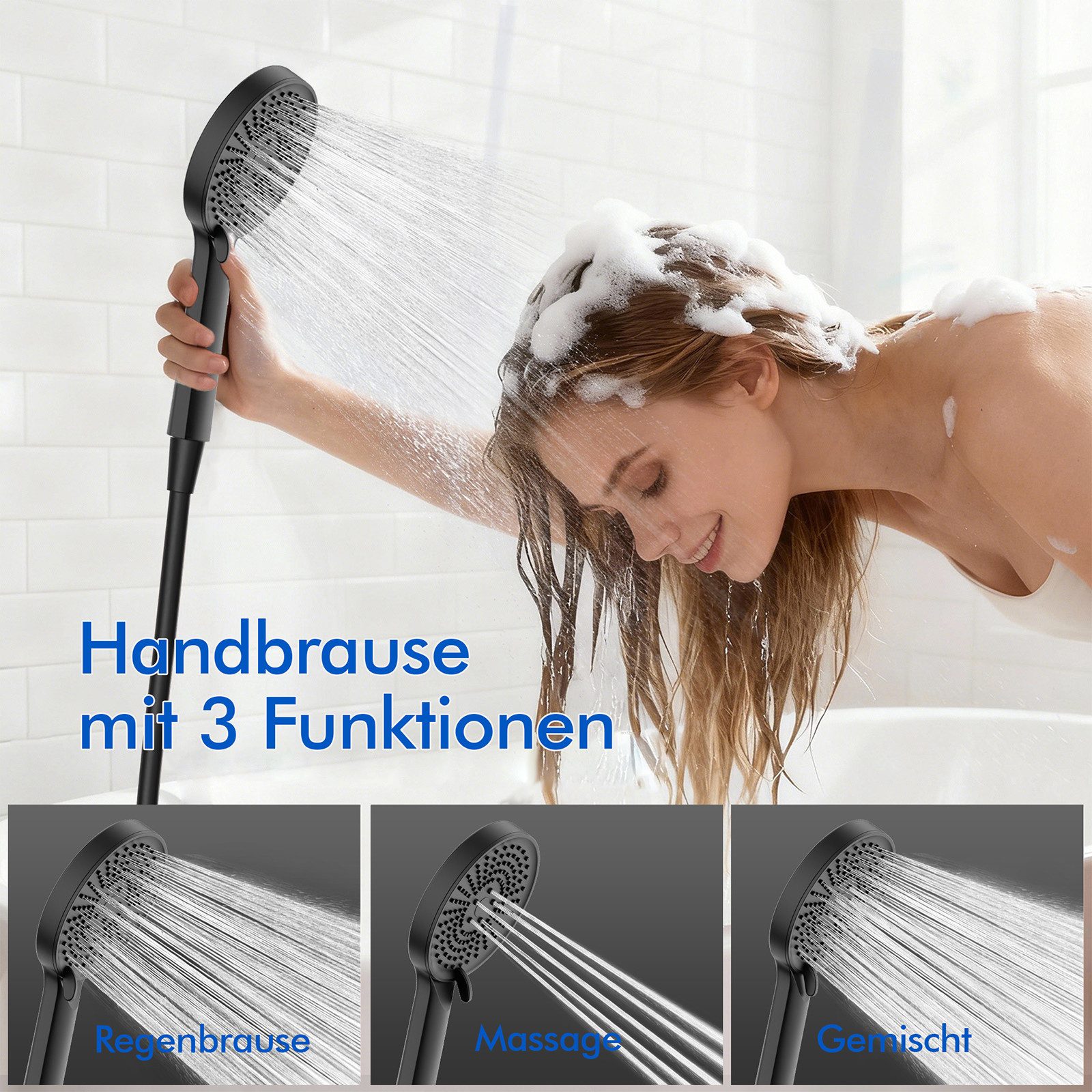 DESFAU Brausegarnitur Badewannenarmatur mit Ablage 370 mm und 3-Funktions-Handbrause – Bild 5 von 5