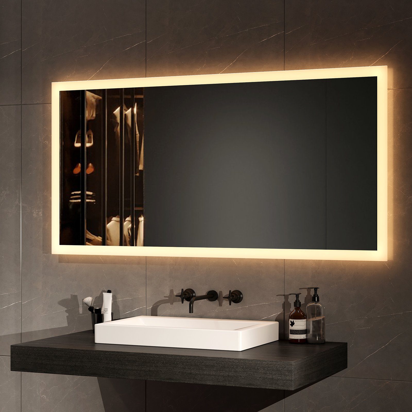 EMKE Badspiegel Badezimmerspiegel LED Badspiegel mit beleuchtung Wandspiegel (Wandschalter, Vertikal und Horizontal möglich), mit Warmweiß Licht 3000K IP44