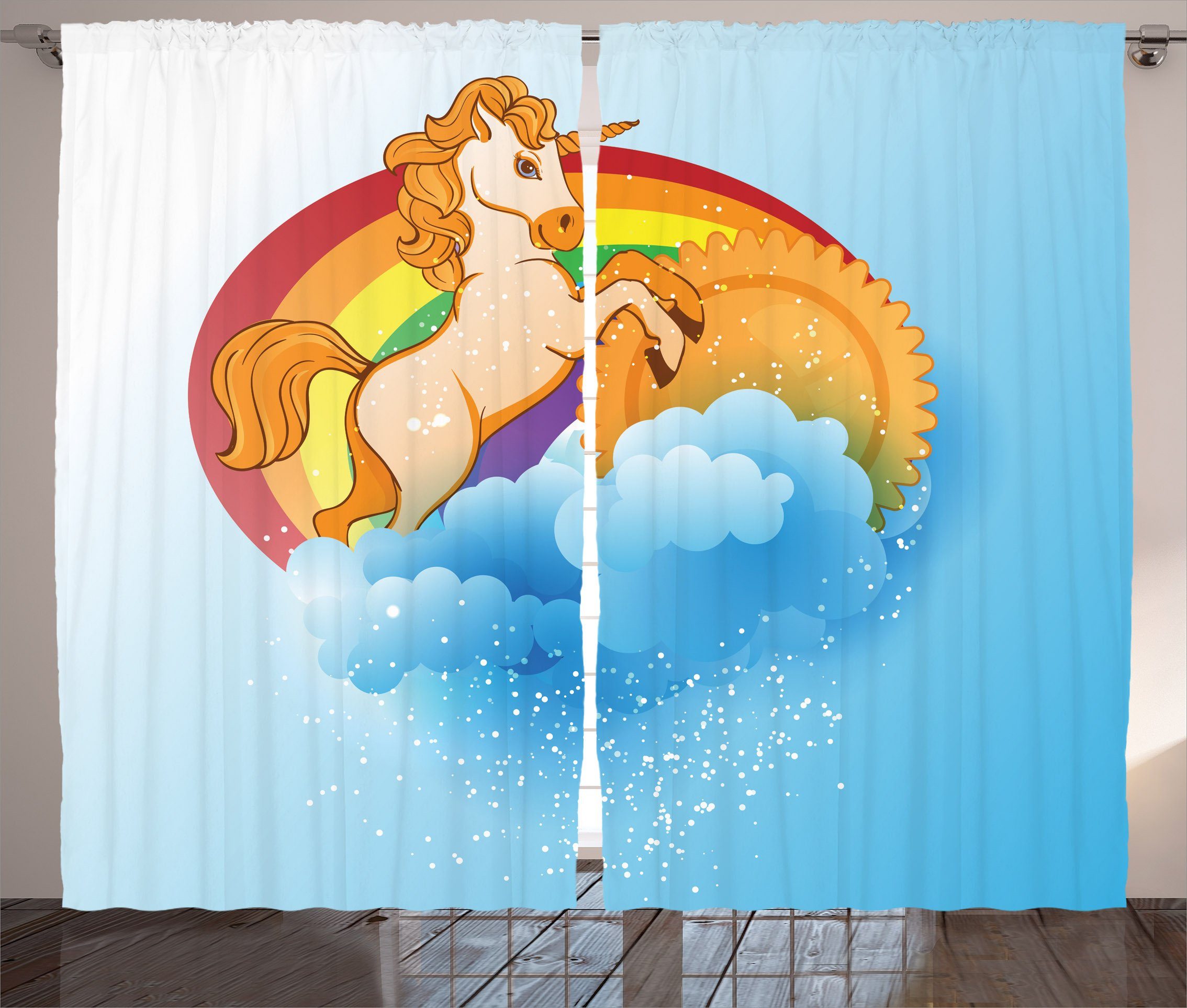 Vorhang Gardine Karikatur-Kind-Regenbogen mit und Schlaufen Haken, Abakuhaus, Schlafzimmer Kräuselband Einhorn