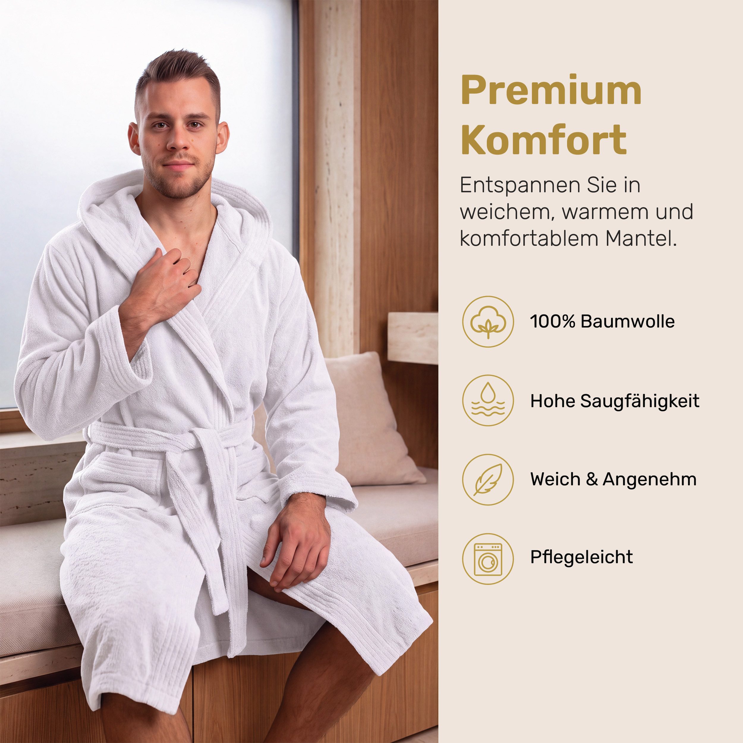 Lavea Bademantel Damen und Herren, Morgenmantel Mexico, Hotelbademantel, Lang, 100% Baumwolle, mit Kapuze, hochwertiger Bindegürtel, Weich & Saugstark - Spa Fee – Bild 4 von 5