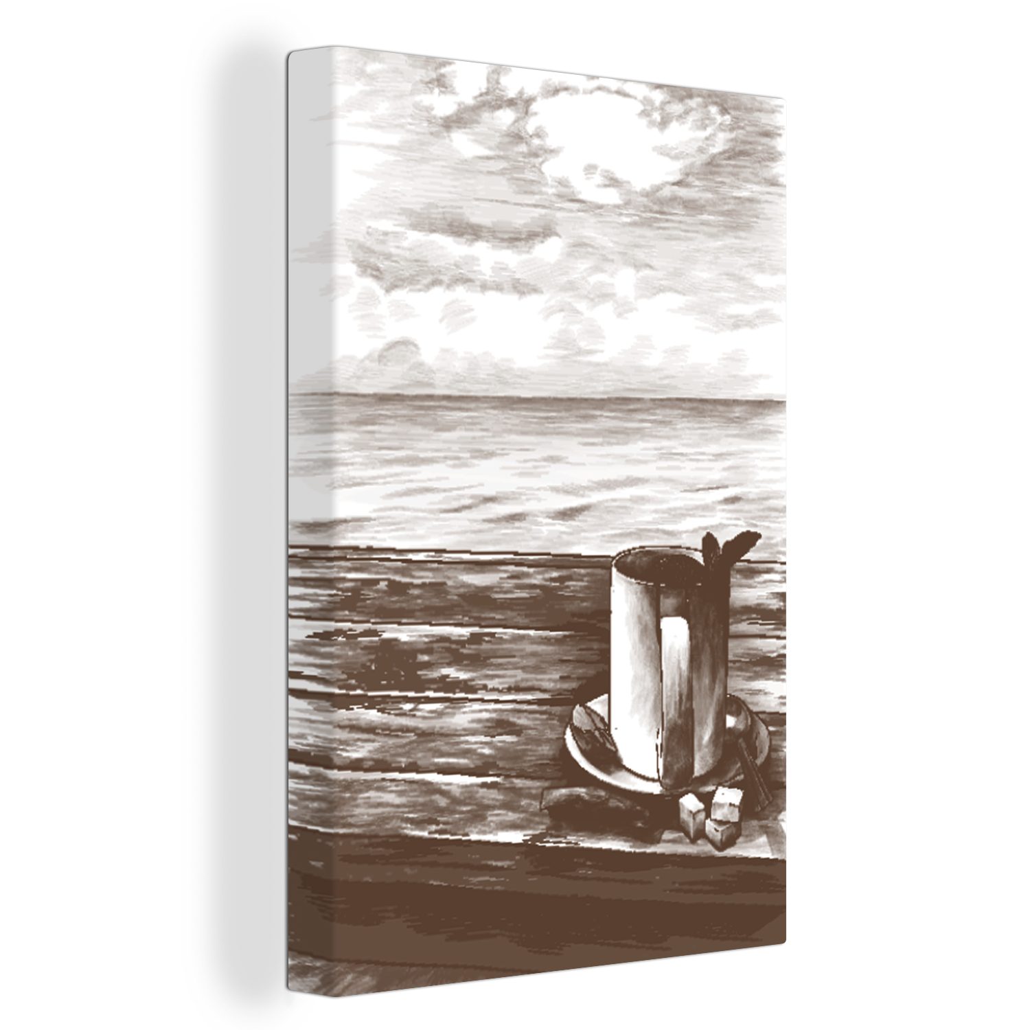 Zackenaufhänger, St), 20x30 OneMillionCanvasses® (1 Leinwandbild - - Leinwandbild inkl. Gemälde, Becher cm bespannt Meer, Tee fertig