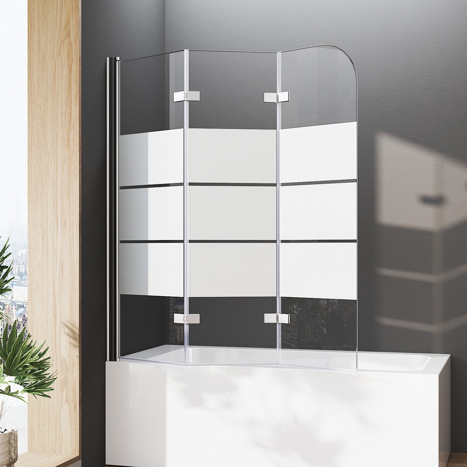 Hopibath Duschwand für Badewanne milchglas 130 x 140, 6mm Sicherheitsglas, (Badewannenfaltwand 3 teilig faltbar, 180° Faltwand), mit Aluprofi, Duschdichtungen