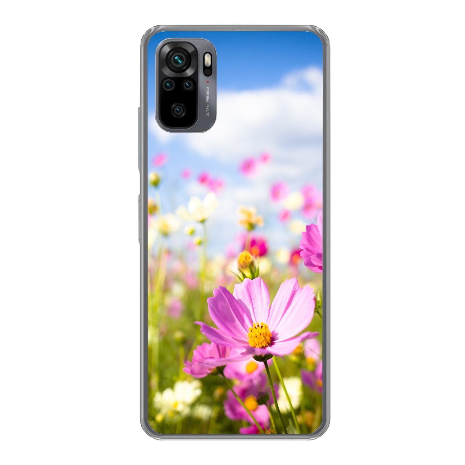 MuchoWow Handyhülle für Xiaomi Redmi Note 10S Blumen - Wiese - Lila - Gras - Weiß - Wolken, Phone Case, Silikon, Schutzhülle Dünn