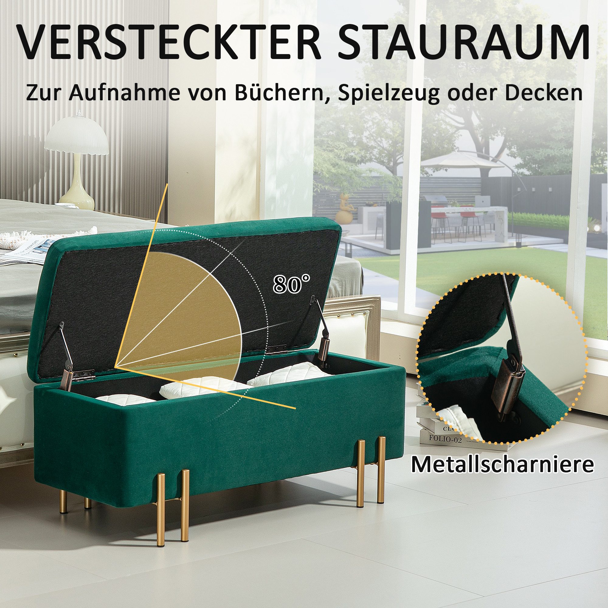 HOMCOM Sitzbank Sitztruhe mit Stauraum mit Samtoptik mit Metallbeine (Polsterbank, 1-St., Truhenbank), Stoff, Metall, Gummiholz, Schaumstoff, Grün, 100 x 40 x 4 – Bild 4 von 5