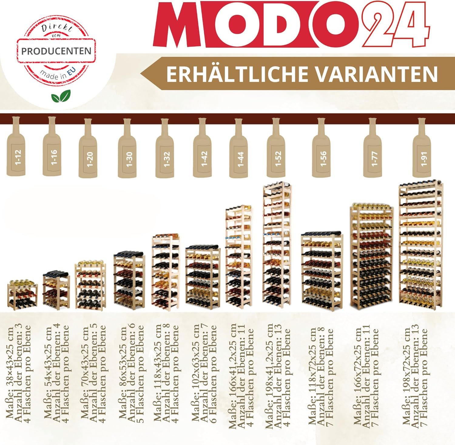 Modo24 Weinregal Flaschenregal Holzregal Flaschenständer Varianten 12 bis 91 Flaschen, RW1 Getränkeregal, 3 Farben, FSC Holz Nachhaltig – Bild 4 von 5