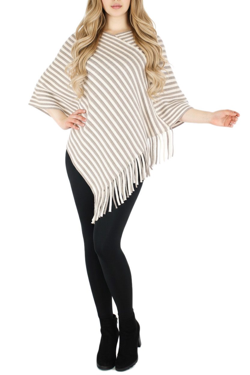 dy_mode Strickponcho Damen Fransenponcho Gestreift Überwurf Cape Poncho Gestrickt mit V-Ausschnitt, mit Fransen