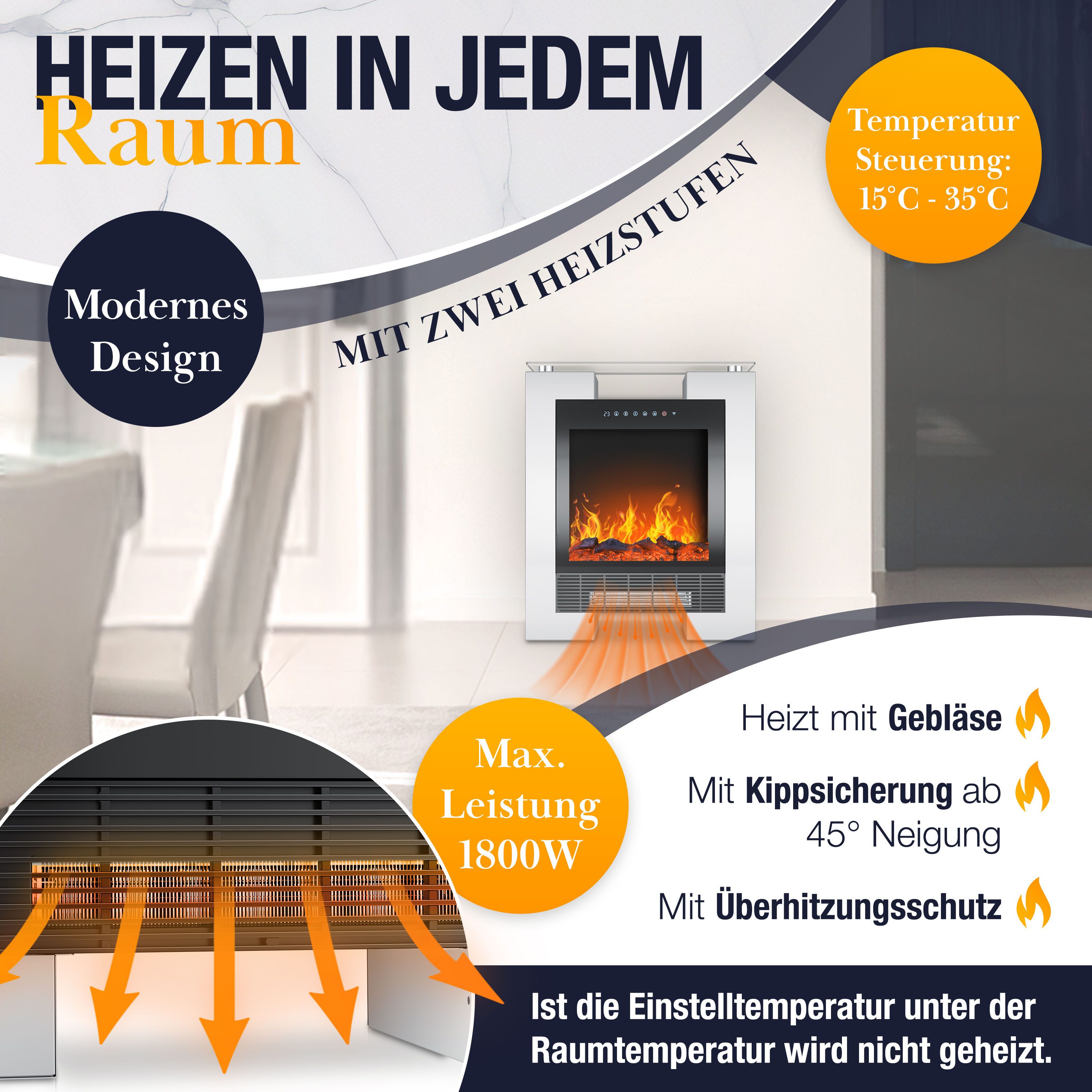 KESSER Elektrokamin LED Kamin mit Heizung & Thermostat Flammeneffekt per App Fernbedienung, Heizlüfter 15-35°C, Standkamin mit realistischem Feuer, Timer & WLAN – Bild 4 von 5