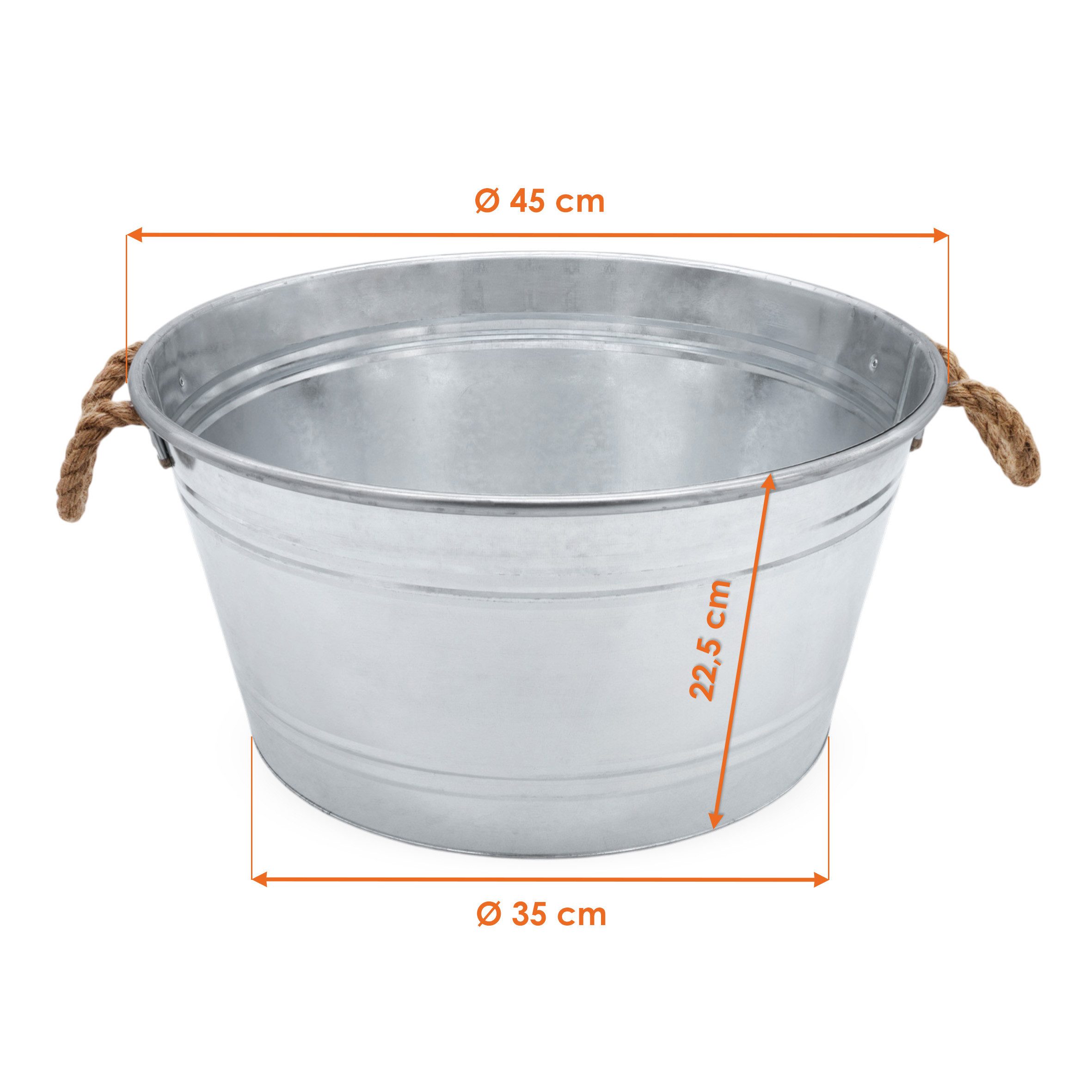 Spetebo Pflanzschale Zinkwanne mit Griffen aus Jutekordel (25 L, 1 St., rund), Metall Blumenschale silber verzinkt, 45 x 22 cm