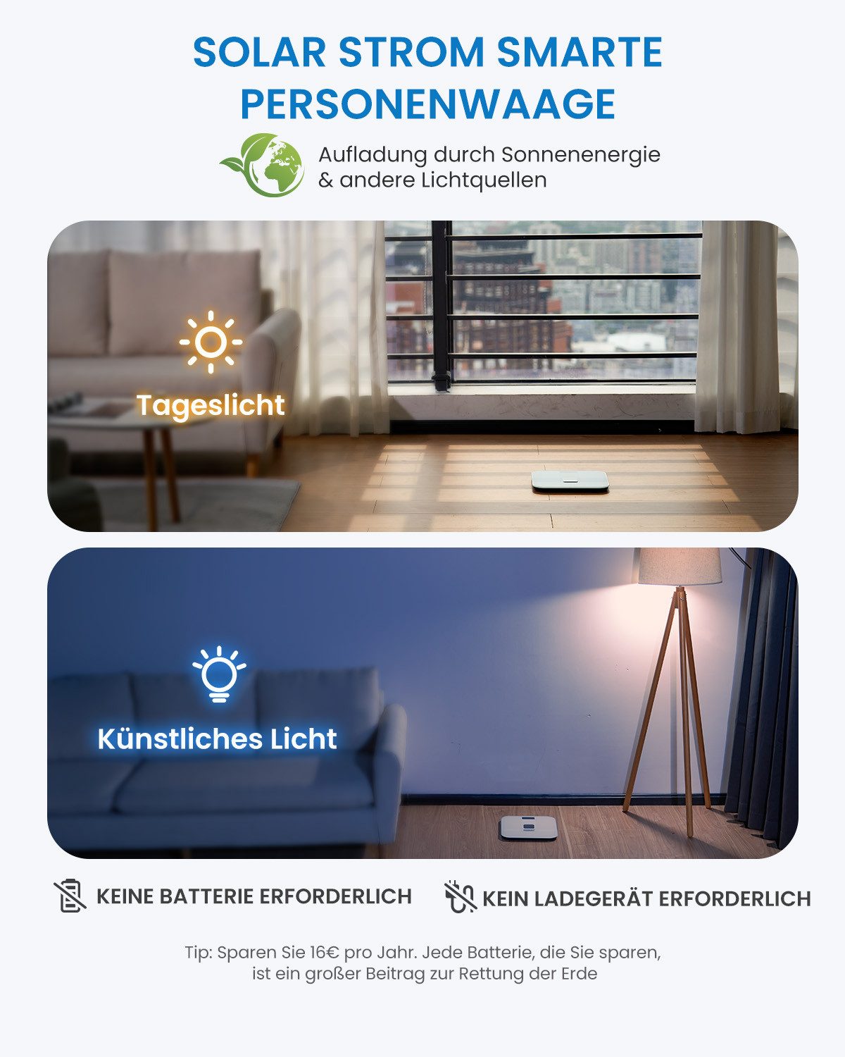 RENPHO Körper-Analyse-Waage Elis Solar 2 Smart Body Scale A020, Smarte Solar-Körperanalysewaage mit 13 Körpermessungen