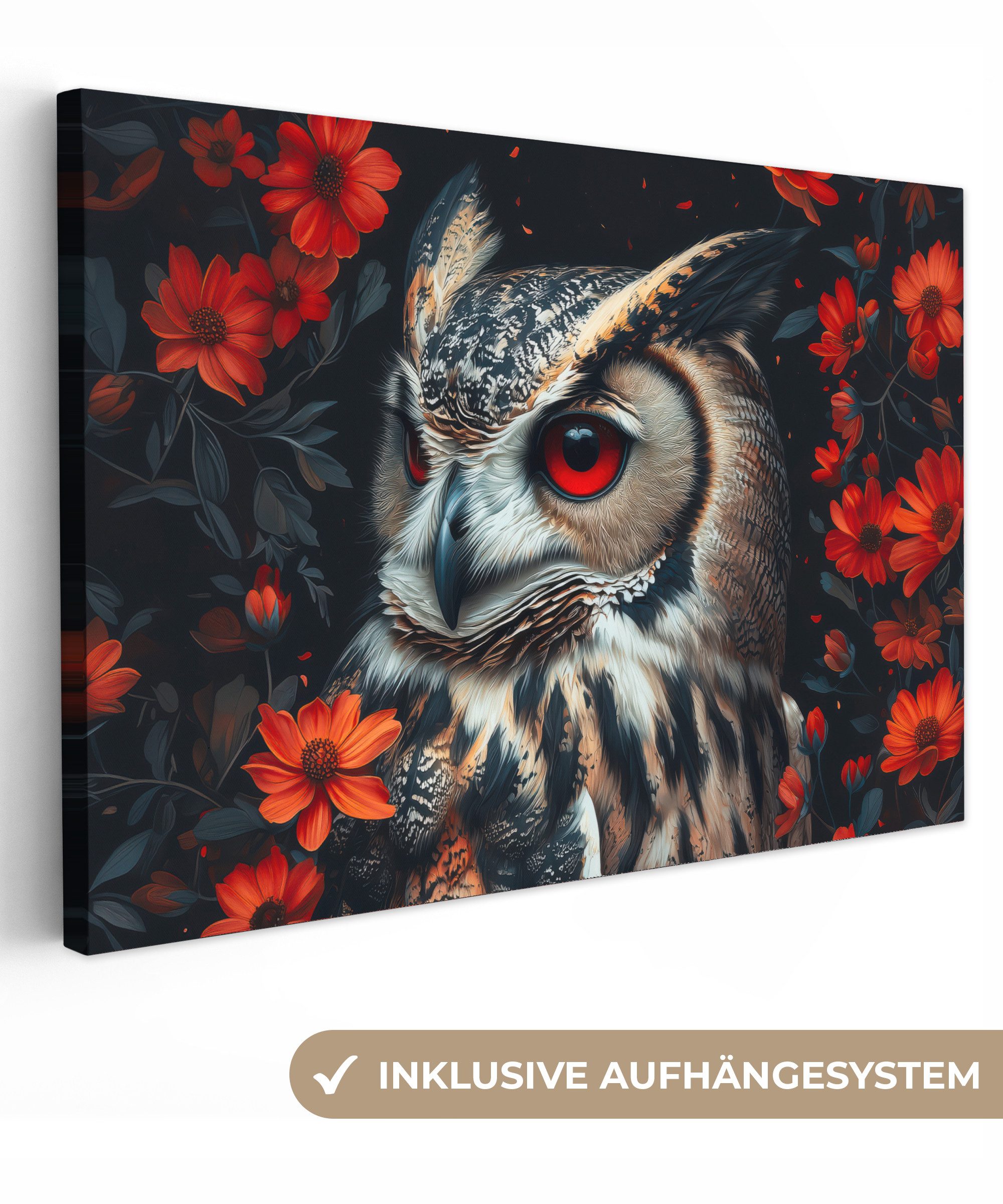 OneMillionCanvasses® Leinwandbild Eule - Waldtiere - Rote Blumen - Natur, F günstig online kaufen