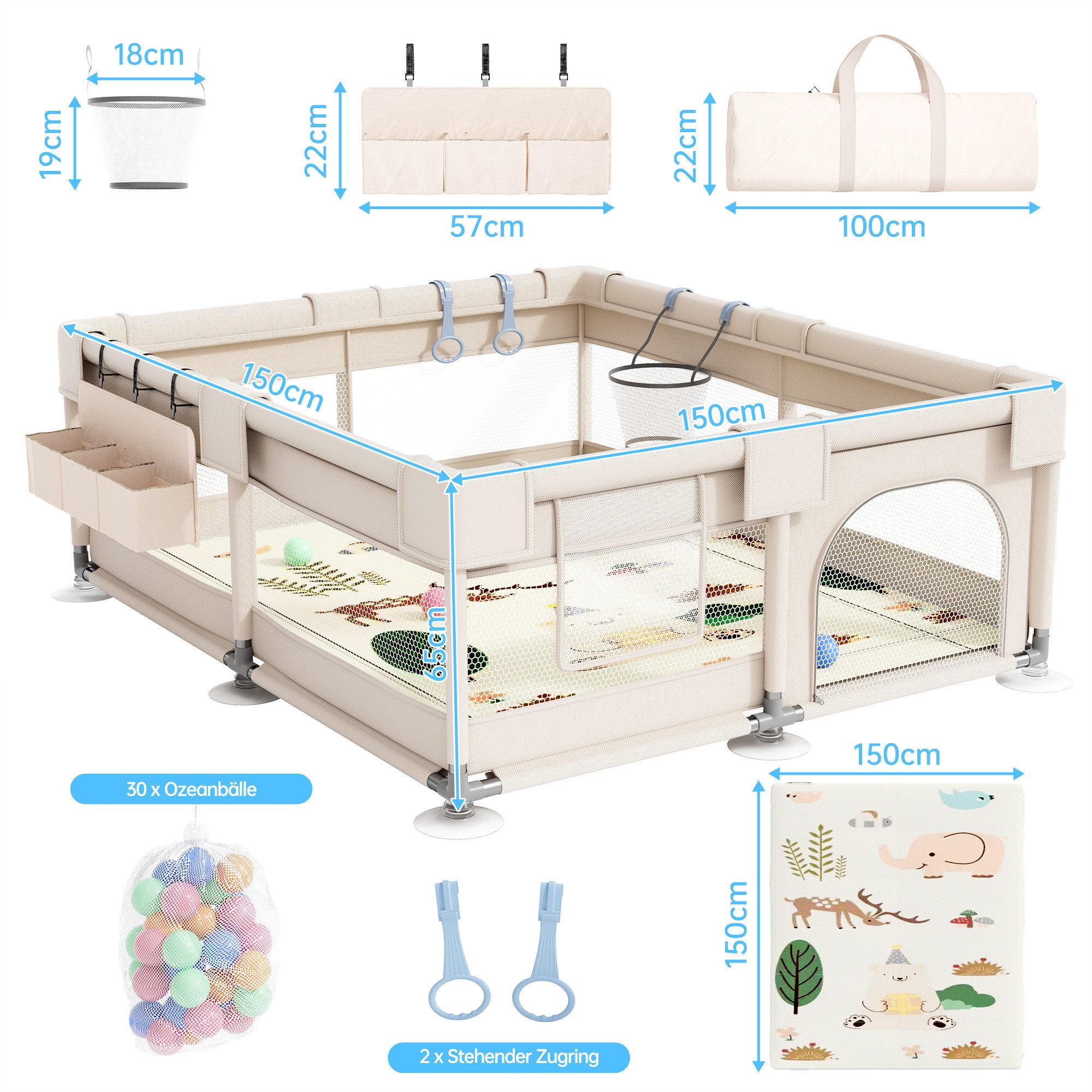 SEHAUSEU Laufgitter Laufstall Baby Krabbelgitter mit Spielmatte 1,5m×1,5 m/1,2m×1,2m, mit Ozeanbälle, Tragetasche, Zugring, Ballkorb, Aufbewahrungskorb – Bild 2 von 5