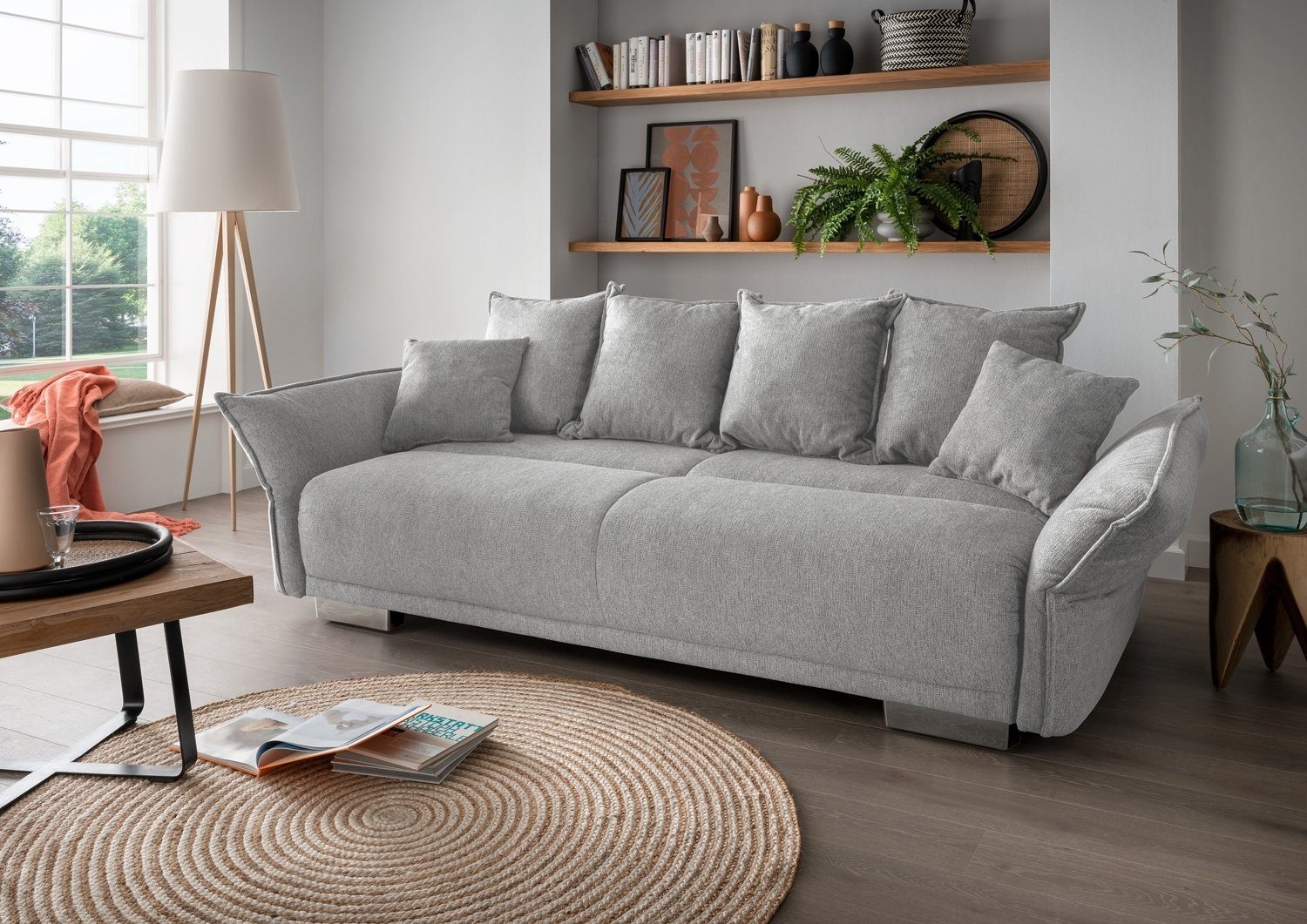 BENFORMATO HOME COLLECTION Big-Sofa PERA, Hellgrau, Stoffbezug, BxHxT 242 x  90 x 131 cm, mit Bettkasten und Schlaffunktion