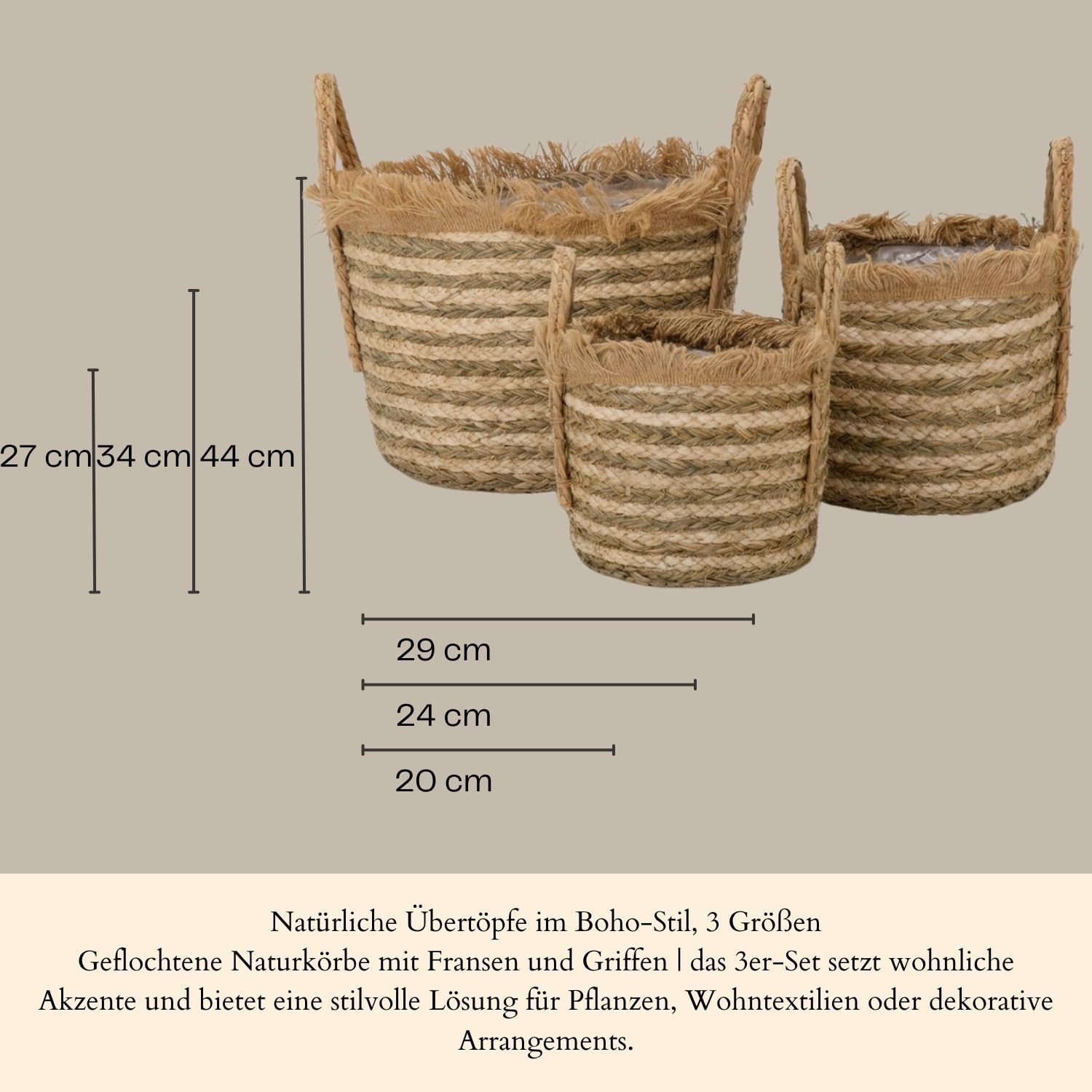 Marrakesch Orient & Mediterran Interior Übertopf 3er Set Boho Pflanzkorb Raffa handgefertigt aus Rattan in Natur 44 cm (1 St), Handarbeit