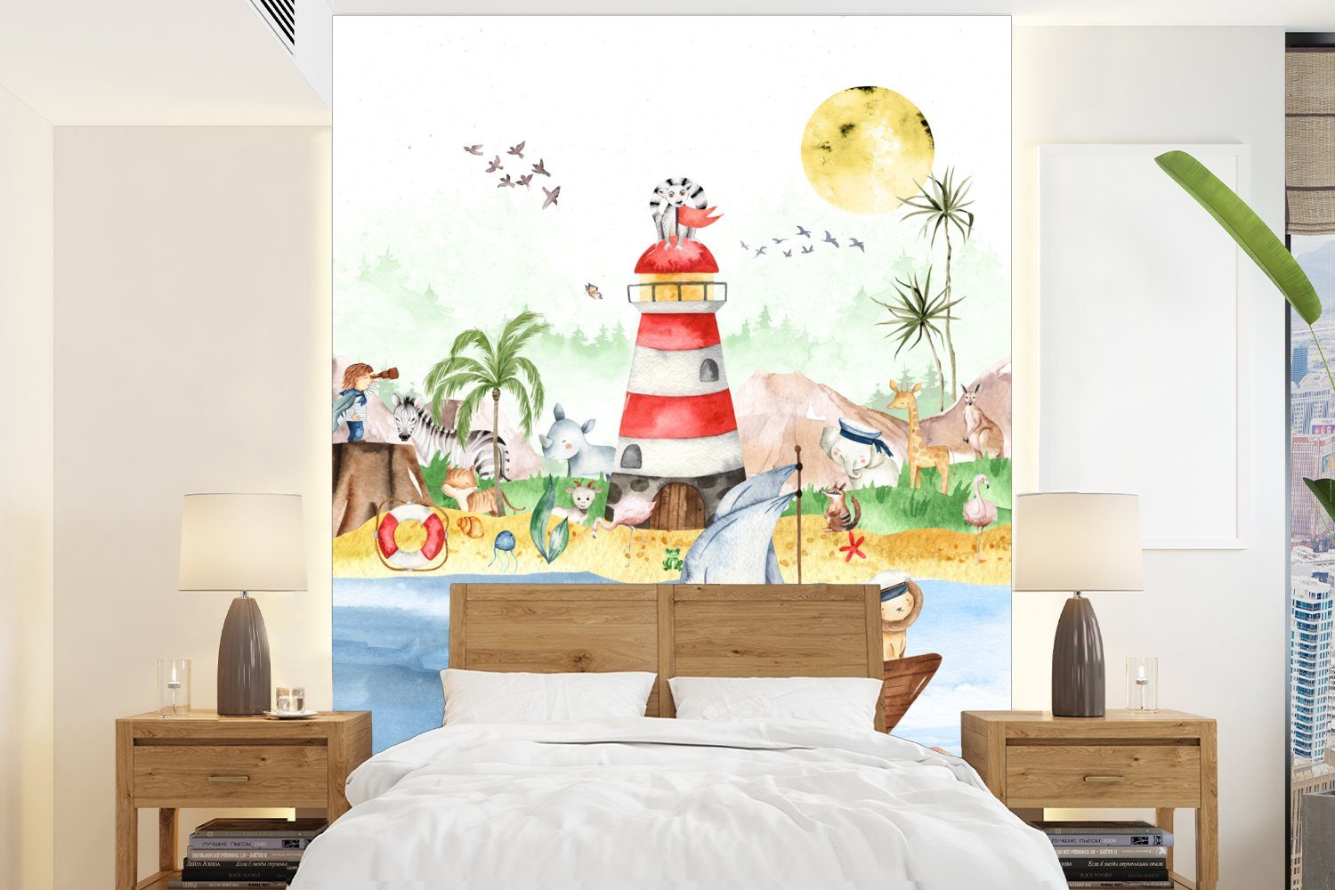 MuchoWow Fototapete Strand - Tiere St), - Jungen, Fototapete Schlafzimmer bedruckt, Wohnzimmer Leuchtturm (3 - Matt, Vliestapete für Kinder - Küche