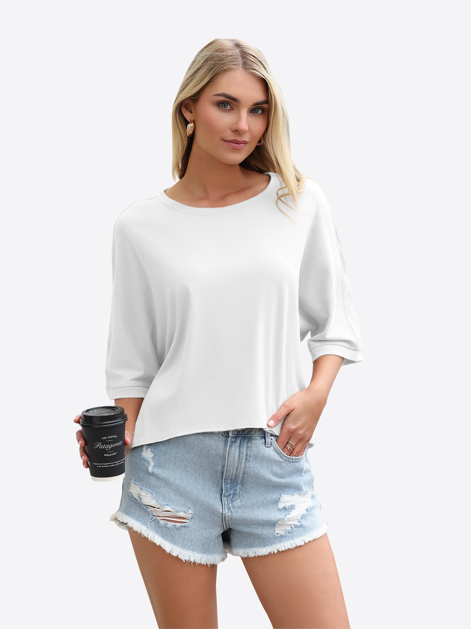 Imily Bela T-Shirt Damen Oversized Cropped Shirt Rundhals Casual Oberteil (Packung, 1-tlg., 1per-Pack) mit 3/4-Ärmeln und abgerundetem Saum in Unifarbe – Bild 4 von 5