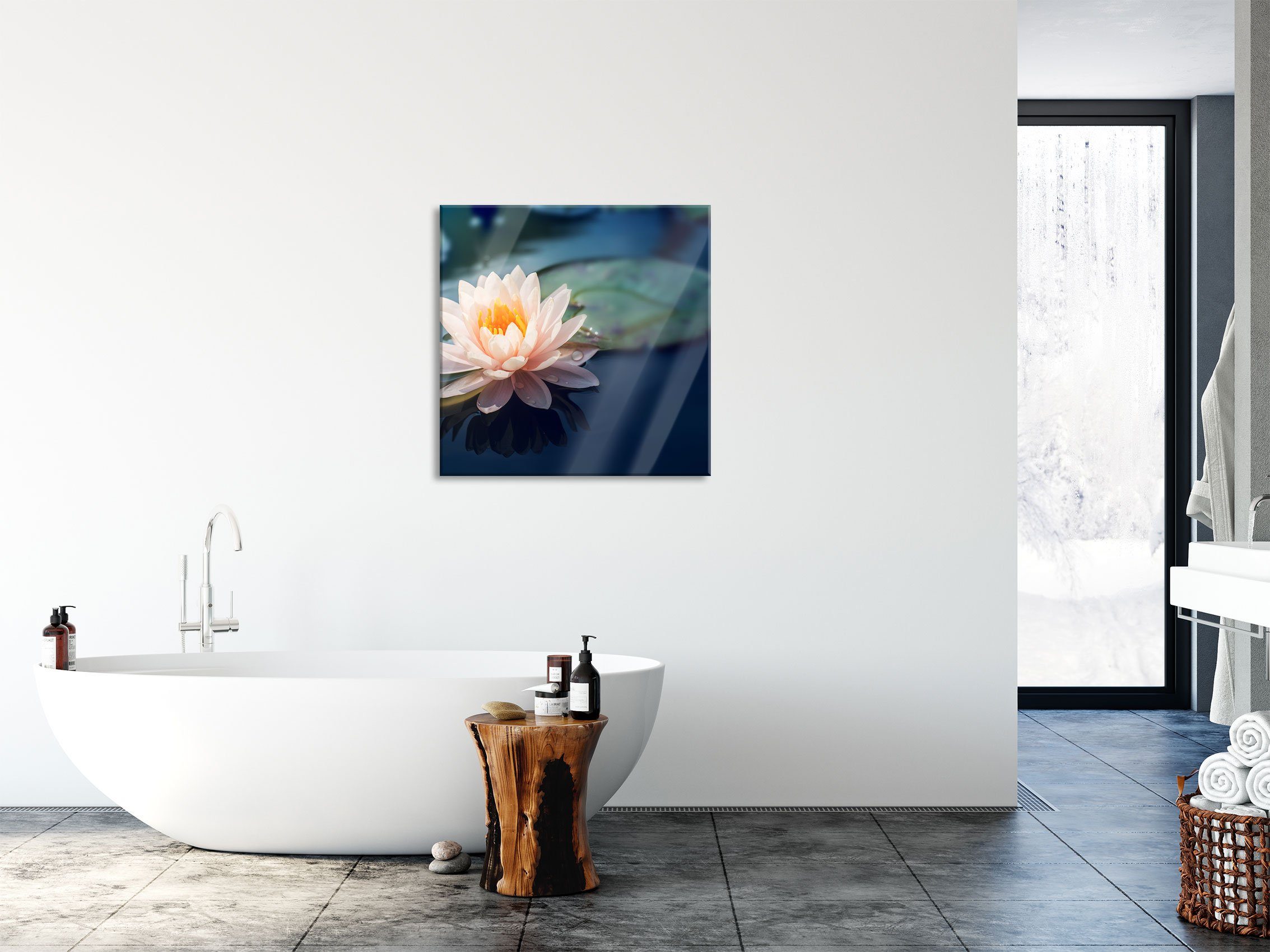Pixxprint aus Glasbild Aufhängungen St), in Glasbild Teich Echtglas, inkl. Abstandshalter Eine Lotusblume rosa Lotusblume und Teich, (1 Eine rosa in