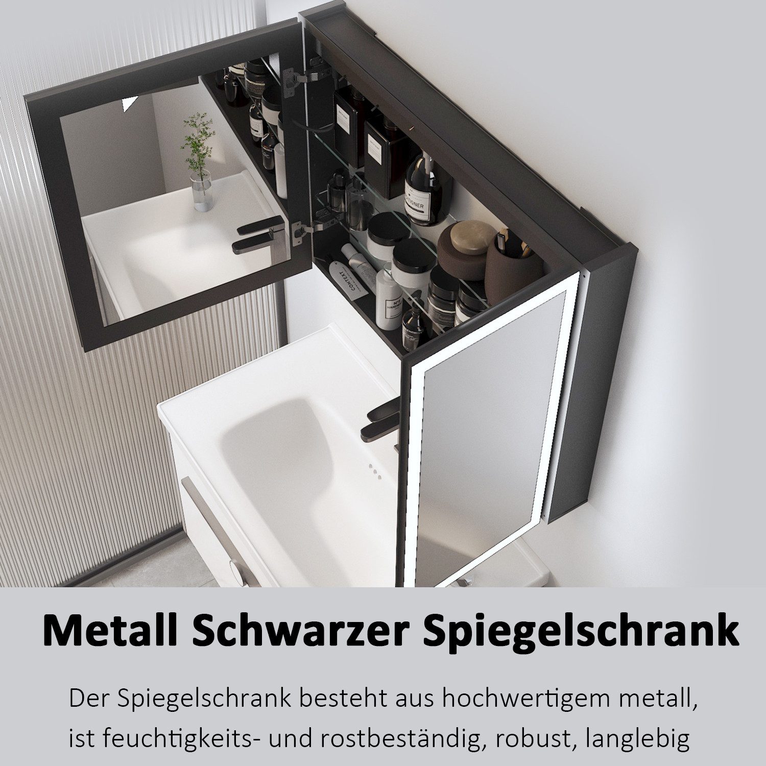 WDWRITTI Spiegelschrank Schwarz mit beleuchtung 3Lichtmodi Dimmbar Kalt/Neutral/Warmweiß (Badezimmerspiegelschrank mit LED, 2 türen 80x60cm) Full Surround Light Strip, mit Netzadapter