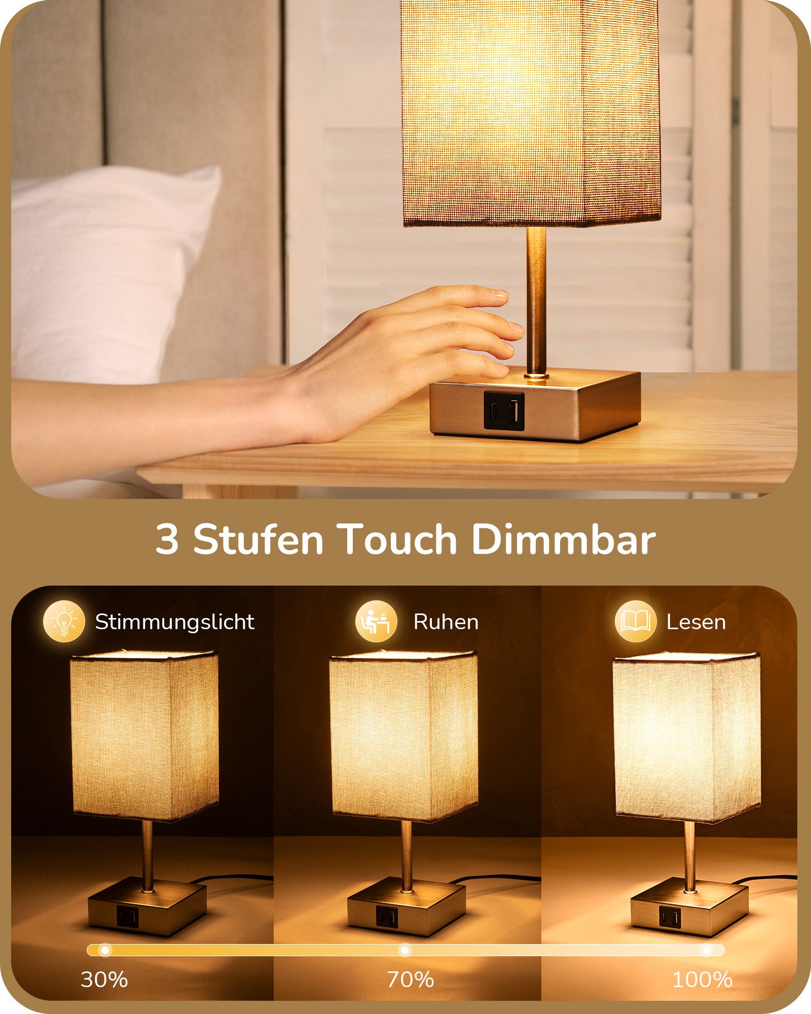 EDISHINE LED Nachttischlampe 2er-Set Schreibtischlampe Touch Dimmbar, Tischleuchten mit USB, LED wechselbar, warmweiß, kleine Tischlampe mit Ladefunktion für Fe – Bild 3 von 5