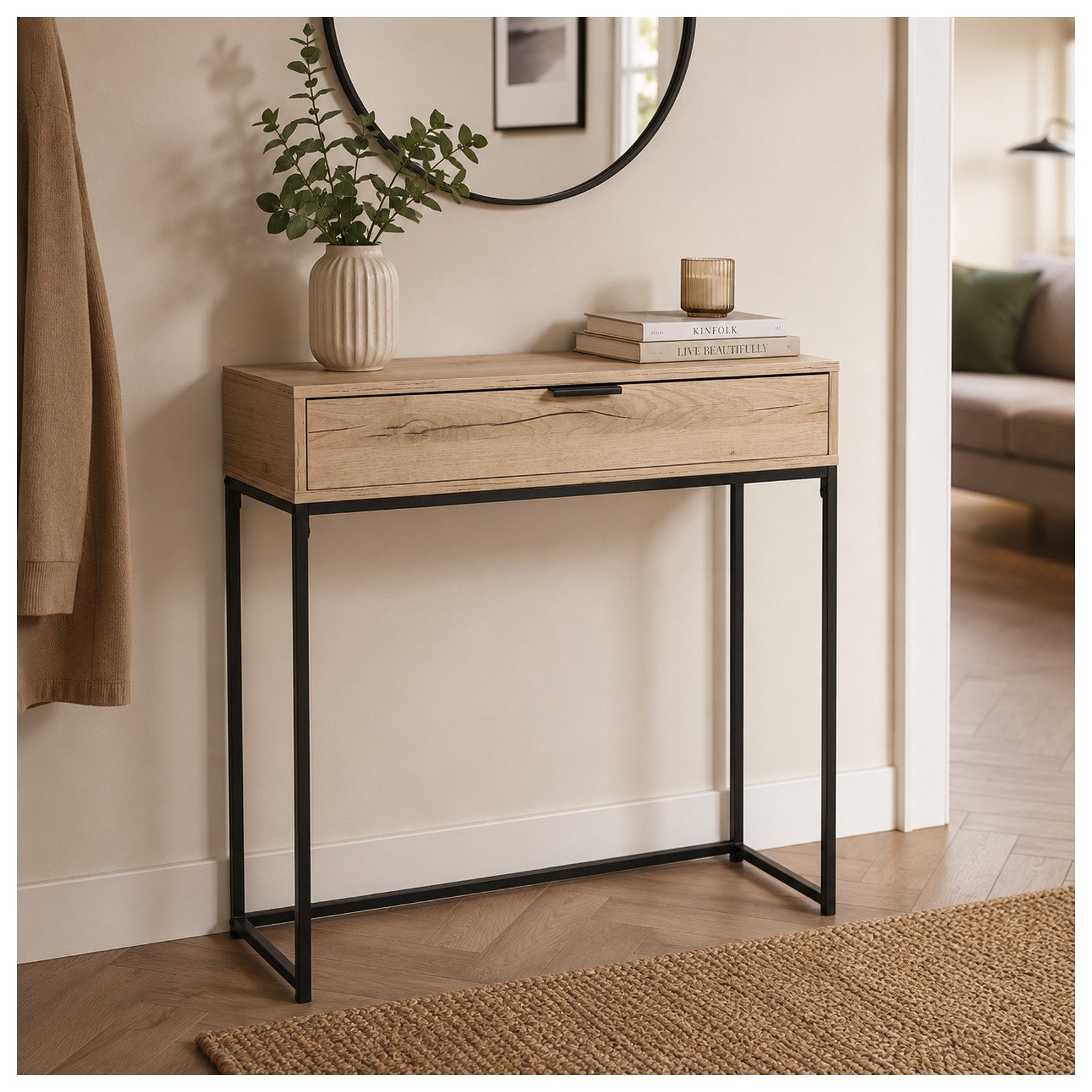 HTI-Living Konsolentisch Cedrik 80 cm mit Schublade Artisaneiche-Schwarz (Stück, 1-St., 1 Konsolentisch)