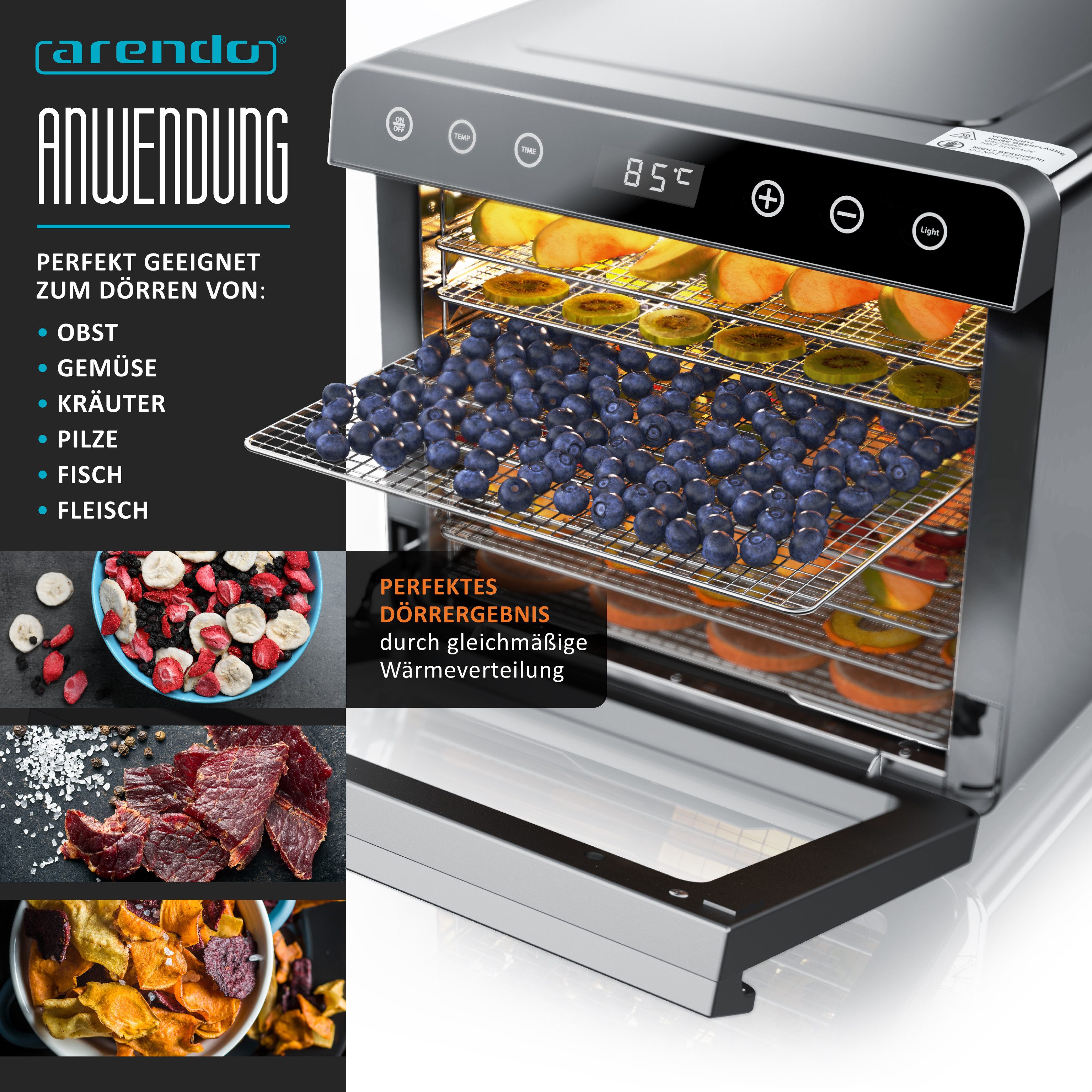 Arendo Dörrautomat Edelstahl, Temperaturregler von 35° bis 85°C, Dörrgerät, Dehydrator, 700 W, 8 Etagen, Obst, Fisch, Fleisch Dörrapparat, Obsttrockner, Timer 0,5-24 Stunden