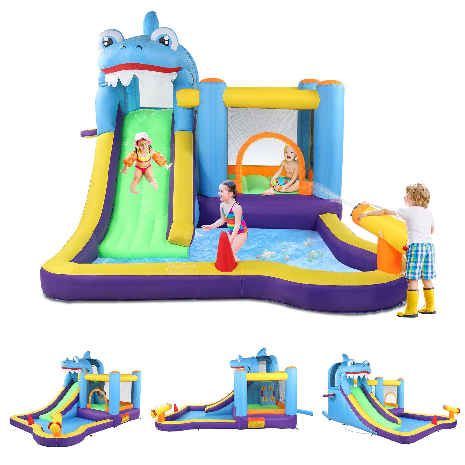 LALAHO Hüpfburg Springburg mit Rutsche Wasserrutsche Wasserpark Gebläse, 350x300x225cm , für Kinder 3 bis 8 Jahre, für drinnen und draußen