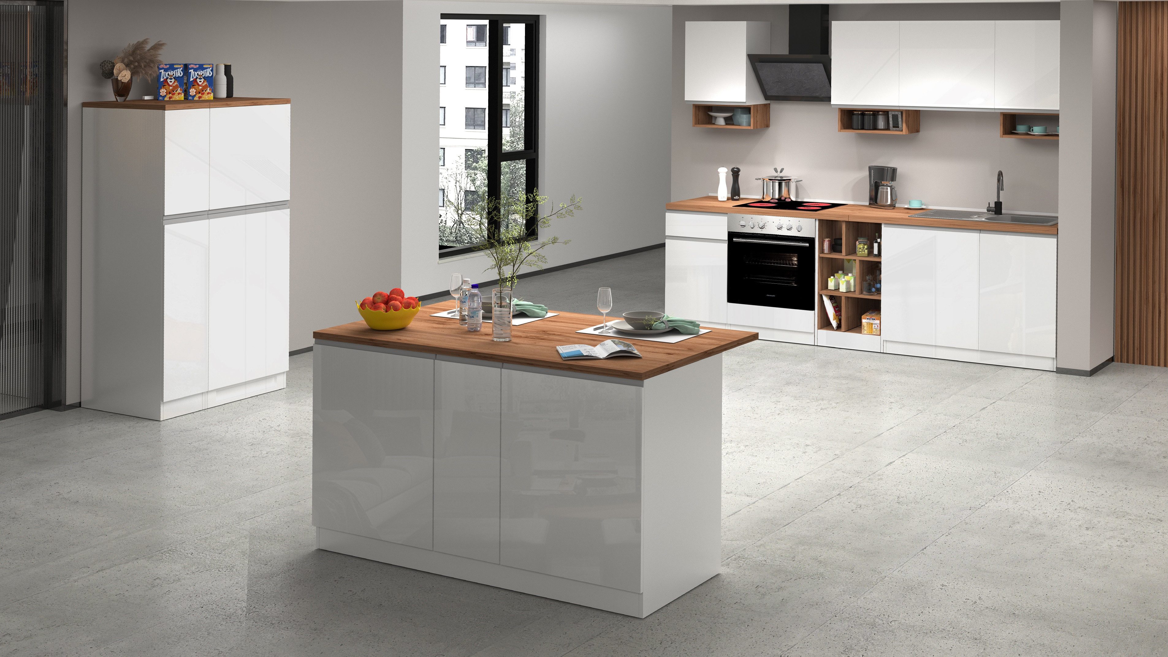 KOCHSTATION Kücheninsel KS-Sole,Kochinsel,Küchenarbeitsblock,Inselküche,Arbeitsinsel, Breite 155 cm, mit Apothekerauszug, gedämpfte Türen