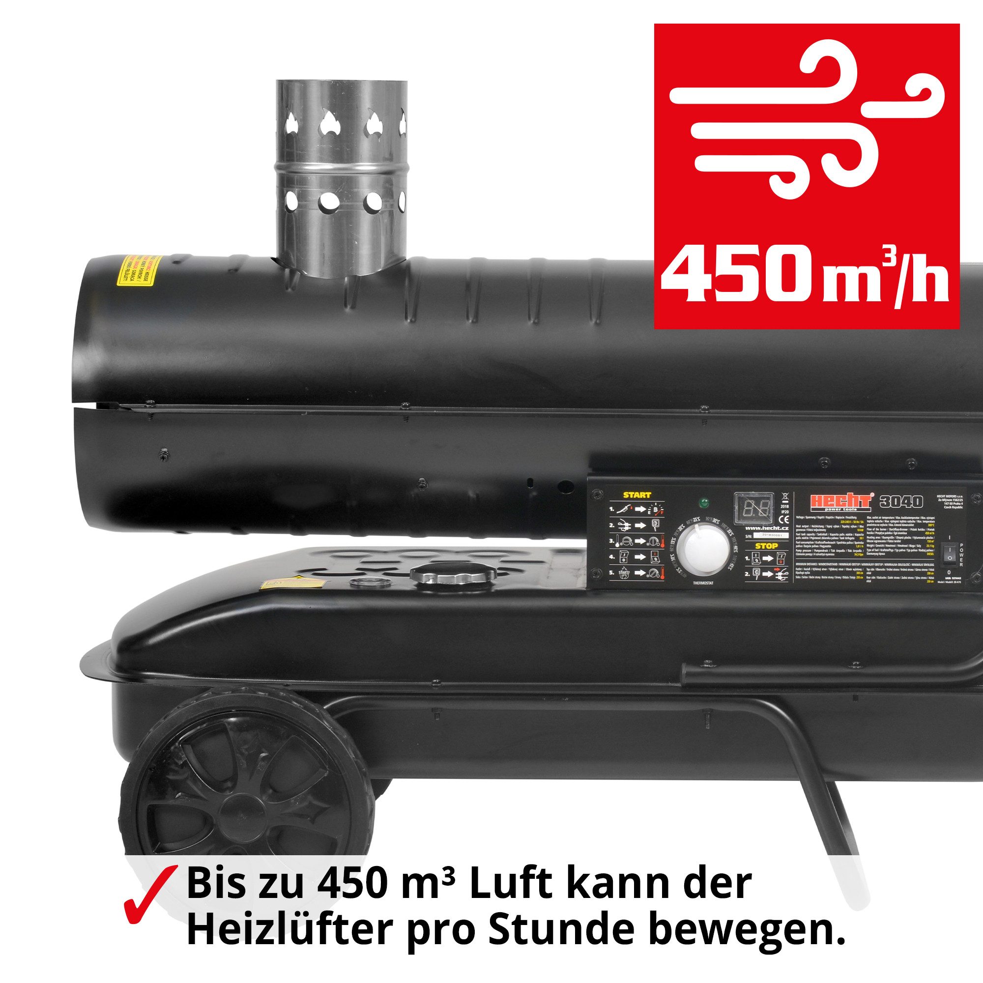 Hecht diesel heater 3040 with chassis, 18 kW, 18000 W, 450 m³/h, up to 150 m², 34.5 kPa