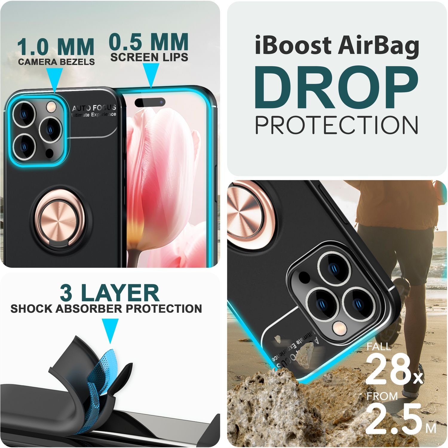 Nalia Smartphone-Hülle Apple iPhone 15 Pro Max 17 cm (6,7 Zoll), Handy-Hülle mit Ring / 360 Grad Fingerhalterung / Standfunktion / Dünn