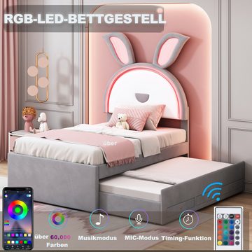 Ulife Kinderbett Polsterbett Stauraumbett mit ausziehbarem Bett und LED-Licht, Oberes Bett 200*90cm, Ausziehbett 190*90cm