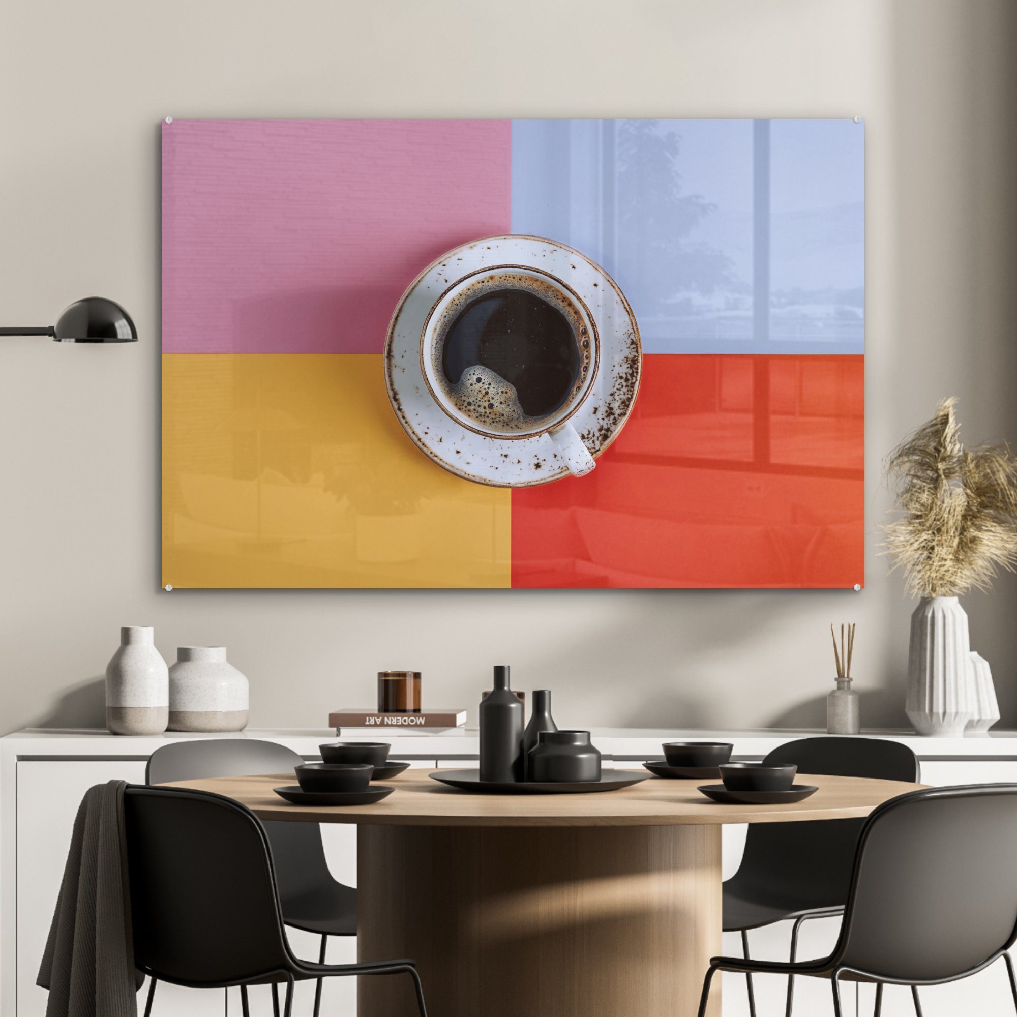 buntem Tasse & (1 Hintergrund, Draufsicht Acrylglasbilder MuchoWow Wohnzimmer Kaffee auf Schlafzimmer St), mit eine Acrylglasbild