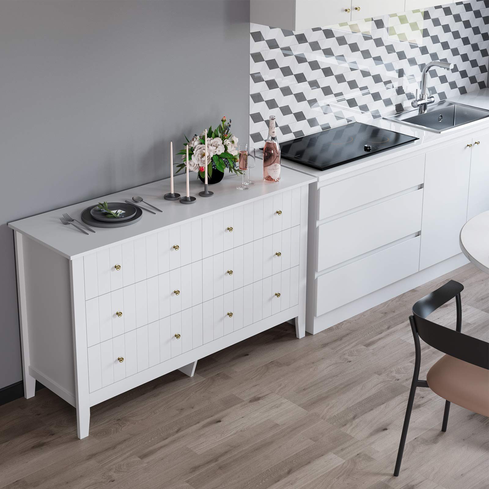 Homfa Kommode 133 cm breit Sideboard Schubladenschrank, mit 6 Schubladen, Landhaus, weiß, 133x45x79,5 cm – Bild 5 von 5