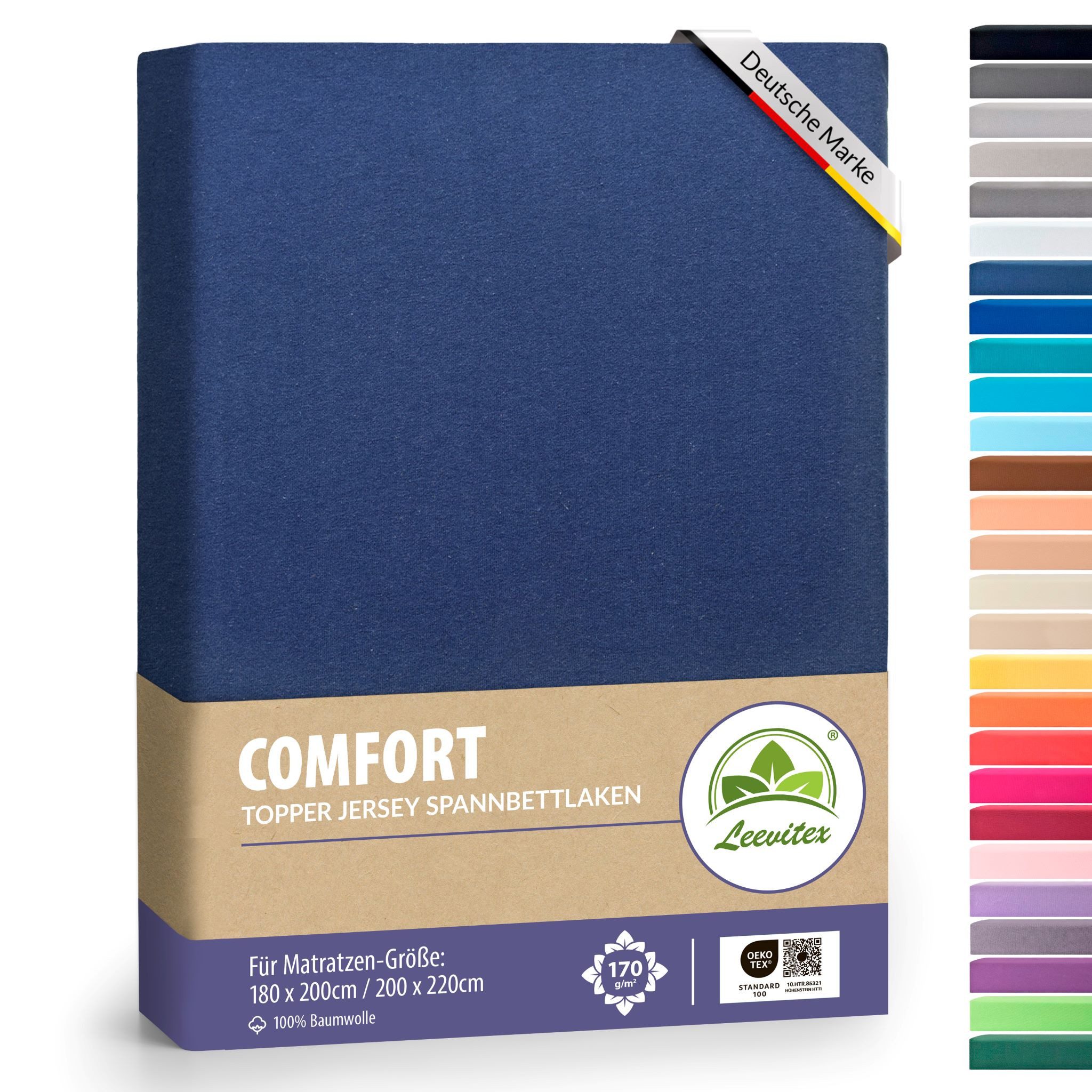 leevitex® Spannbettlaken für Topper 180x200 – 200x220 cm, 100% Premium Mako Jersey Baumwolle, Jersey, Gummizug: rundum, (1 Stück), 18cm Steg, anschmiegsam, dehnbar, formstabil und trocknergeeignet