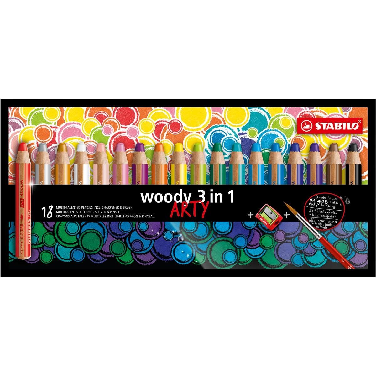 Buntstift STABILO woody 3 in 1 ARTY Buntstift - 10 mm - 18er Set + Pinsel und