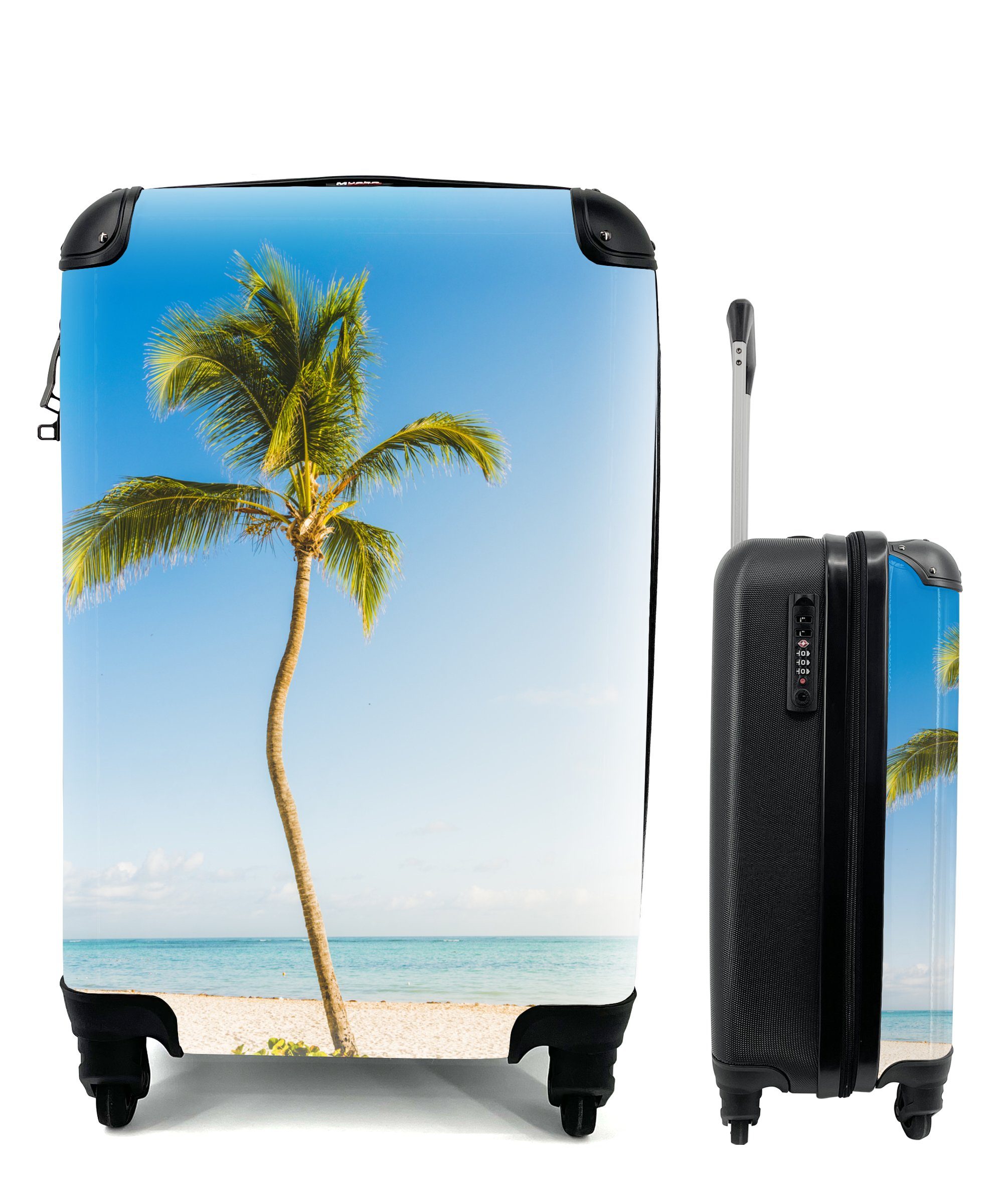 MuchoWow Handgepäckkoffer Eine einsame Palme am Strand, 4 Rollen, Reisetasche mit rollen, Handgepäck für Ferien, Trolley, Reisekoffer
