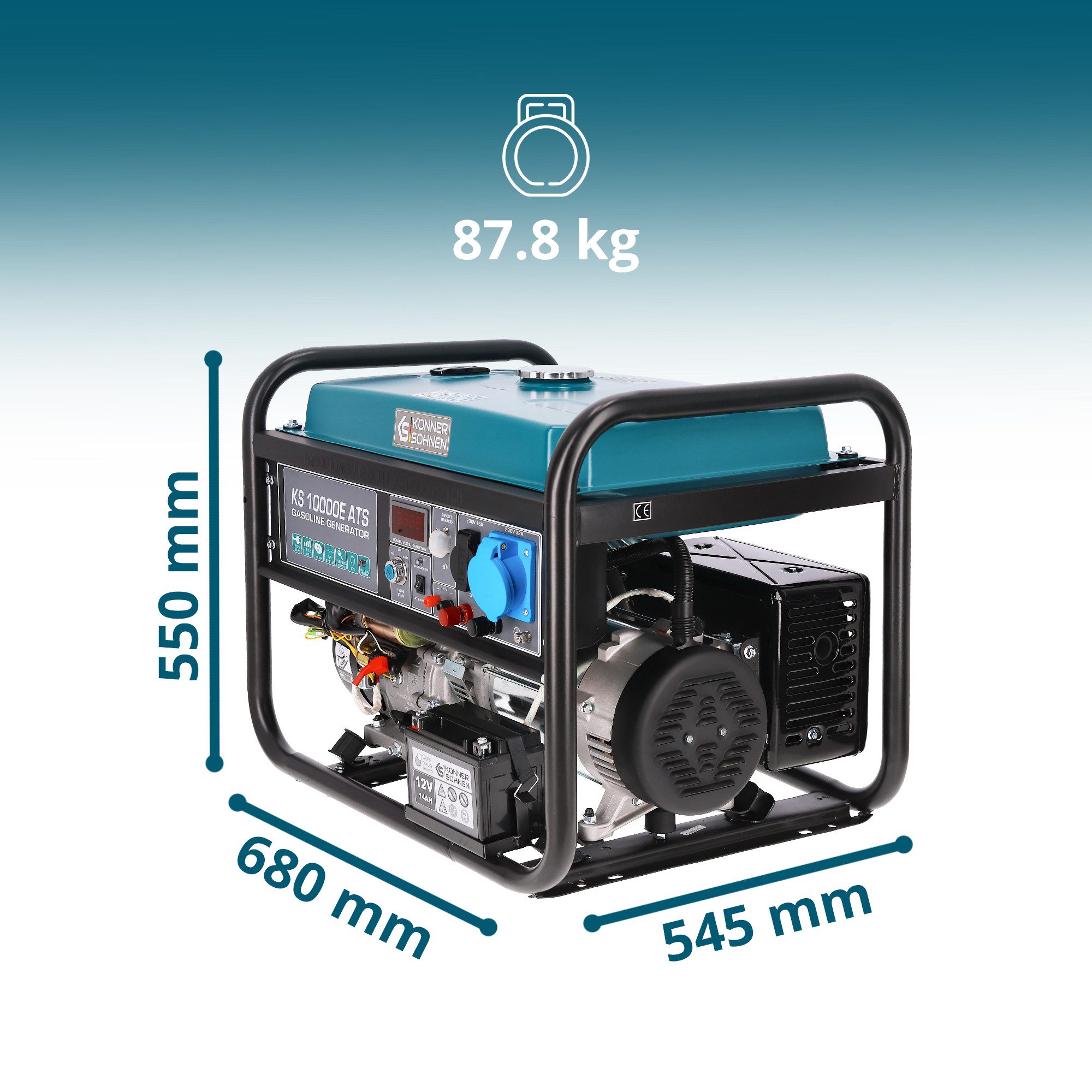 Könner & Söhnen Stromerzeuger KS 10000E ATS, 8,00 in kW, (Benzin Stromerzeuger Generator, 1-tlg., 25L Tank & 100% Kupferwicklung), integrierte ATS Notstromautomatik, E-Start, LED-Display