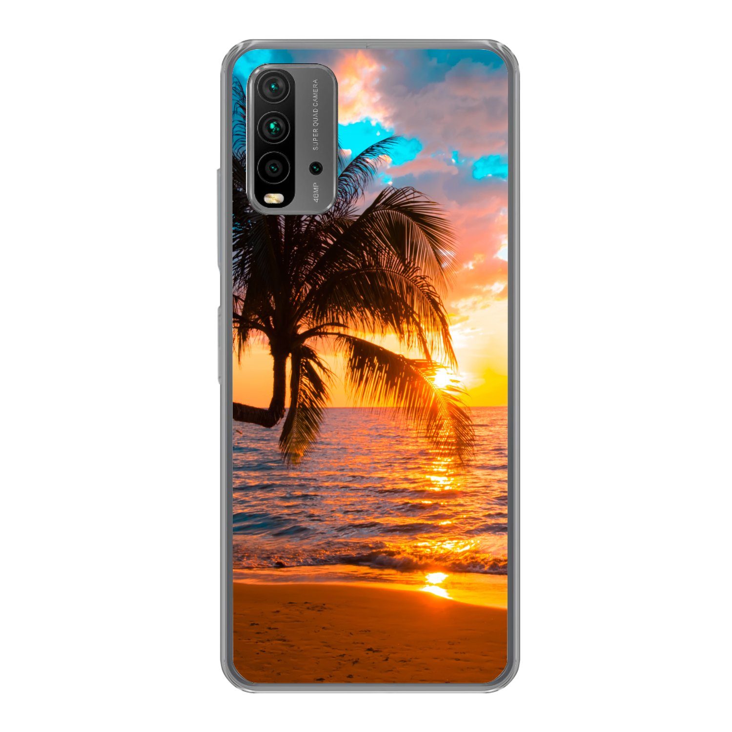 MuchoWow Handyhülle für Xiaomi Redmi 9T Palme - Sonnenuntergang - Horizont - Strand - Meer, Phone Case, Silikon, Schutzhülle Dünn