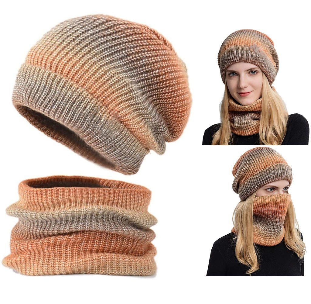 XDeer Mütze & Schal Wintermütze Wintermütze Orange Schal Schal Strickmütze Set,Wollmütze Warme Farbverlauf Damen Mütze Mütze mit mit