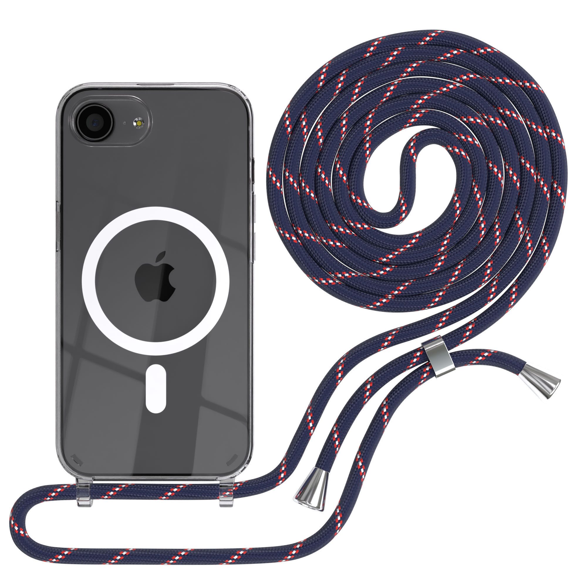 EAZY CASE Handykette mit Magsafe Hülle für Apple iPhone 16e 6,1 Zoll, Slimcover Handykette Hülle mit Schnur Handykordel Navy Blau Camouflage