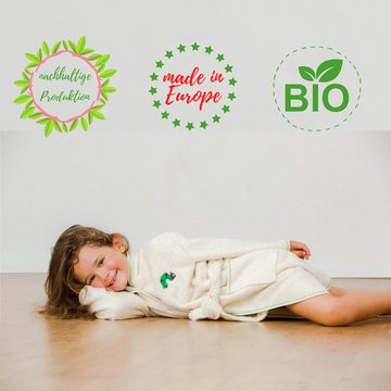 Smithy Kinderbademantel mit der Raupe Nimmersatt aus Bio-Baumwolle, lange Form, Velours-Frottee, Kapuze, Gürtel, Knöpfe, made in Europe
