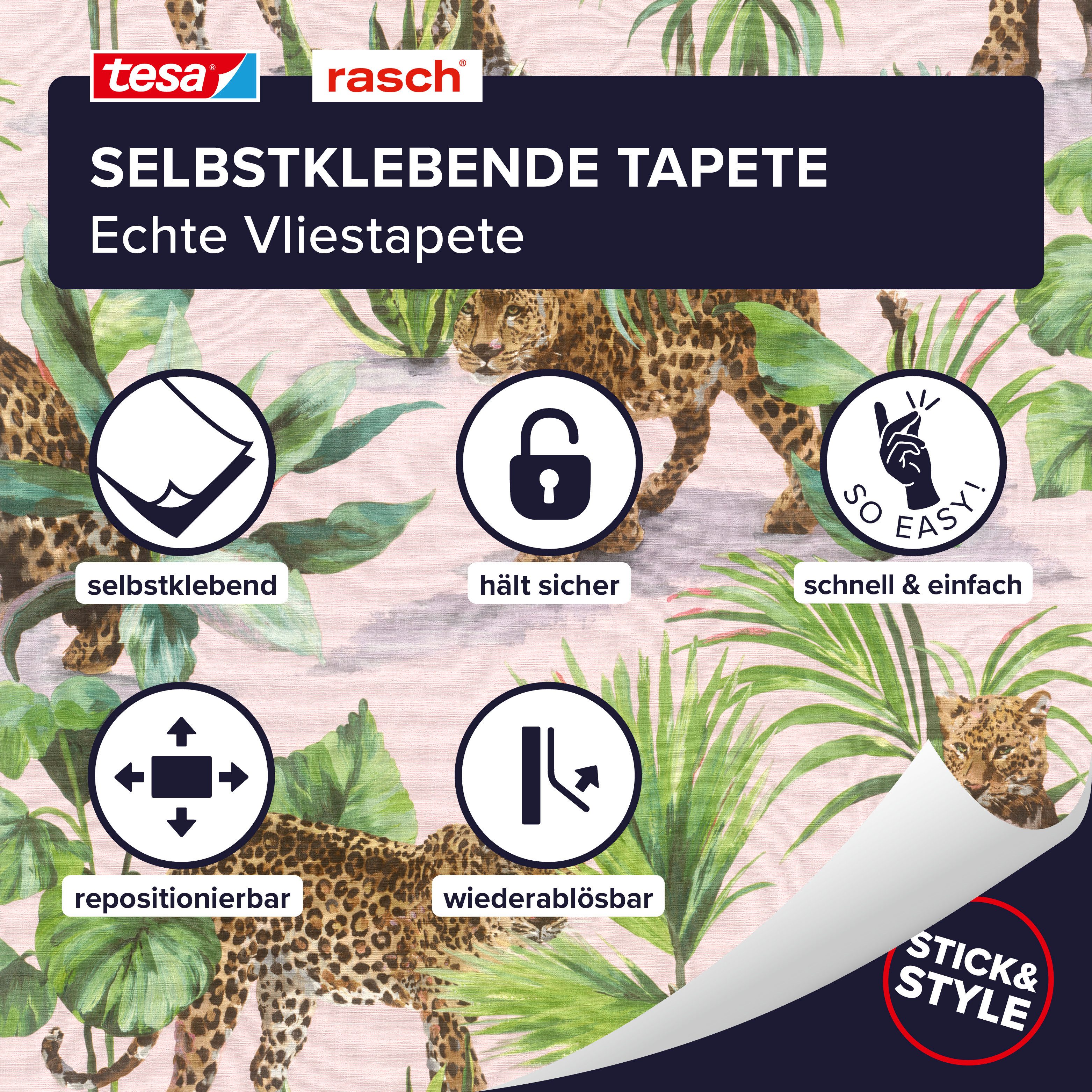 Rasch Vliestapete Savanna - Selbstklebende Tapete Leopard von tesa® x rasch®, strukturiert, exotisch, tropisch, (1 St), selbstklebend, 6,00m x 0,53m