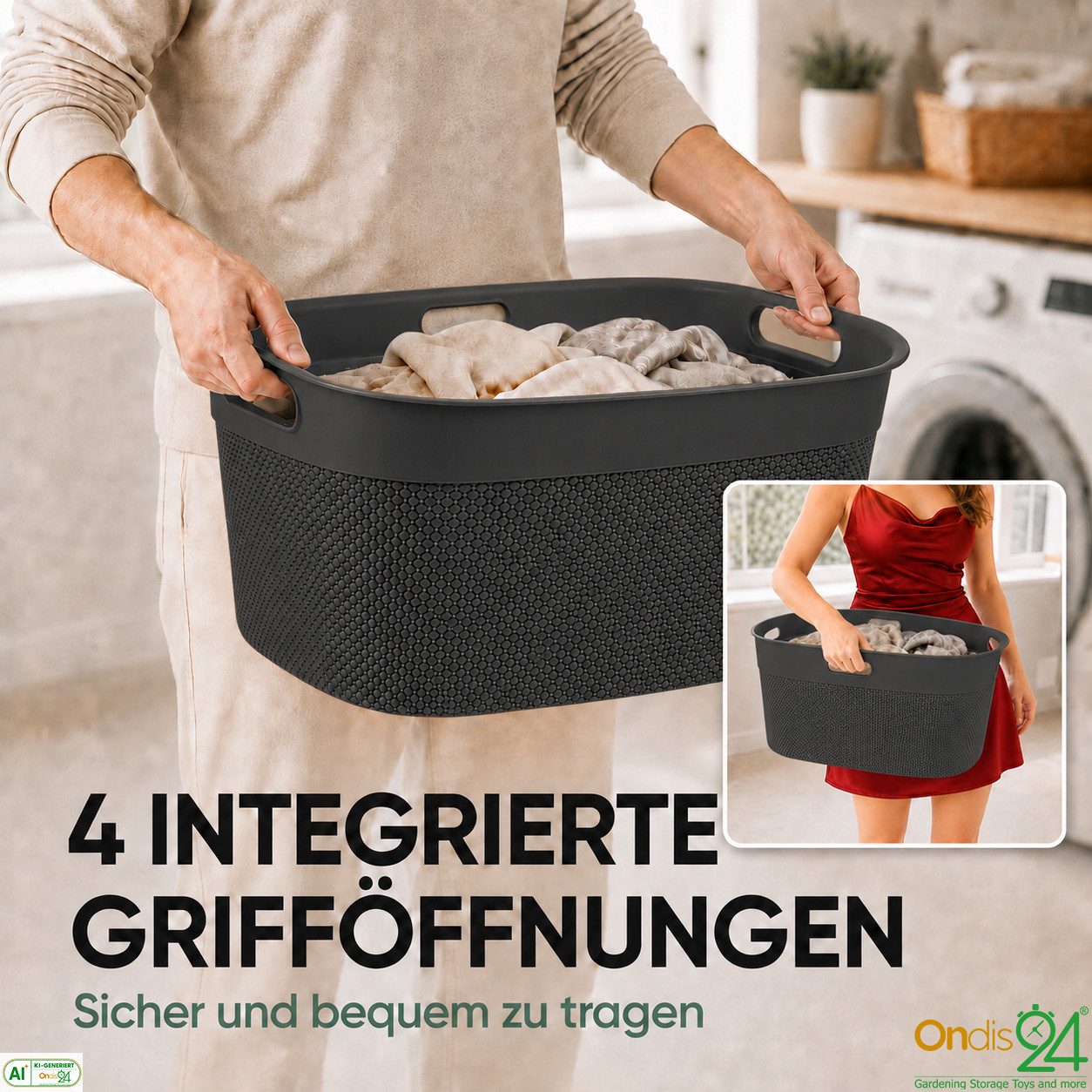 ONDIS24 Wäschekorb Tragekorb Filo 45 L, hochwertiger, geruchsneutraler Kunststoff, 45 L, belüftet und nestbar – Bild 4 von 5