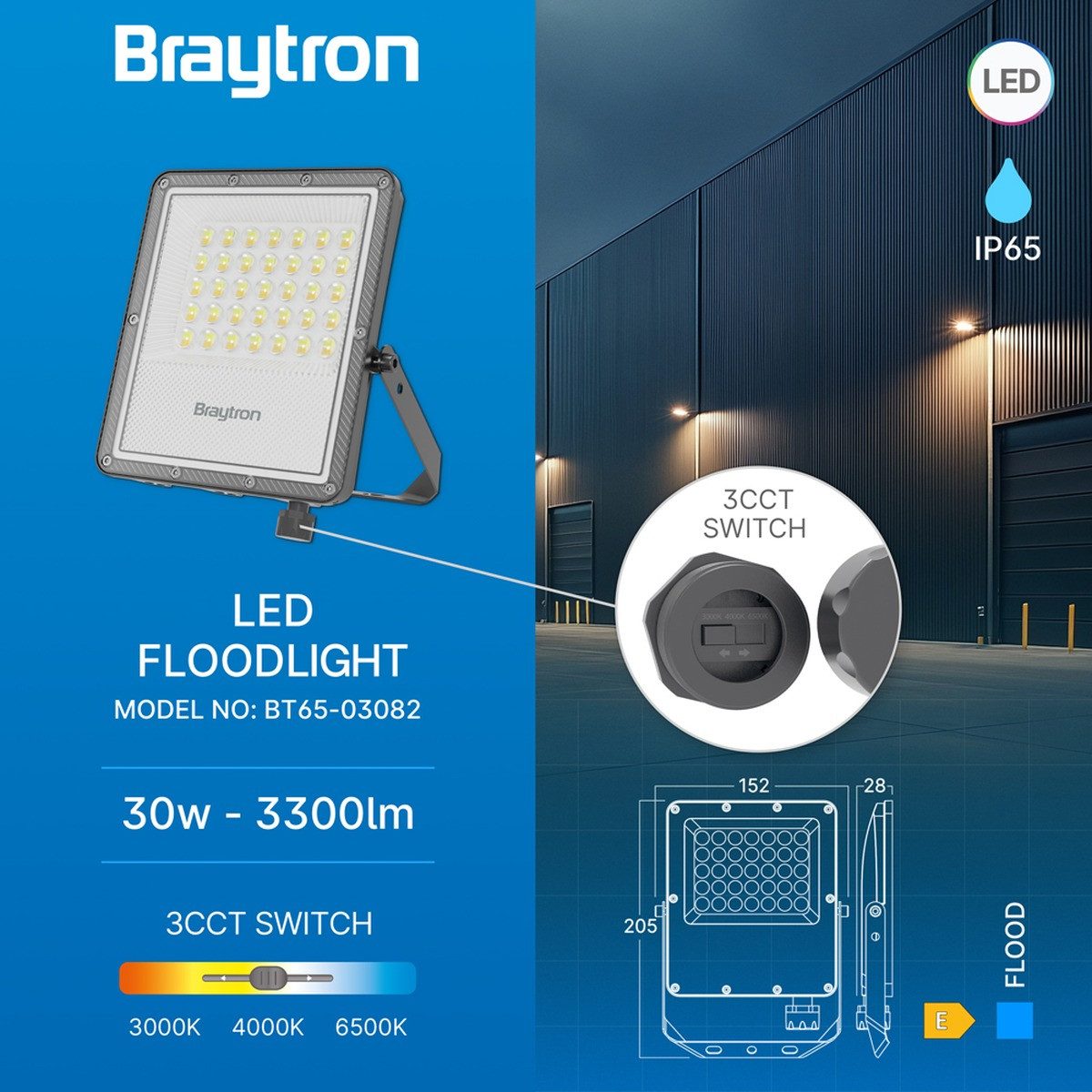 Braytron LED Außen-Wandleuchte LED Flutlichtstrahler 30W, IP65, 3CCT, 3300 Lumen, LED fest integriert, Neutralweiß, Kaltweiß, Warmweiß, Energieeffizient, Flimmerfrei, Langlebig, 3CCT, sehr hell