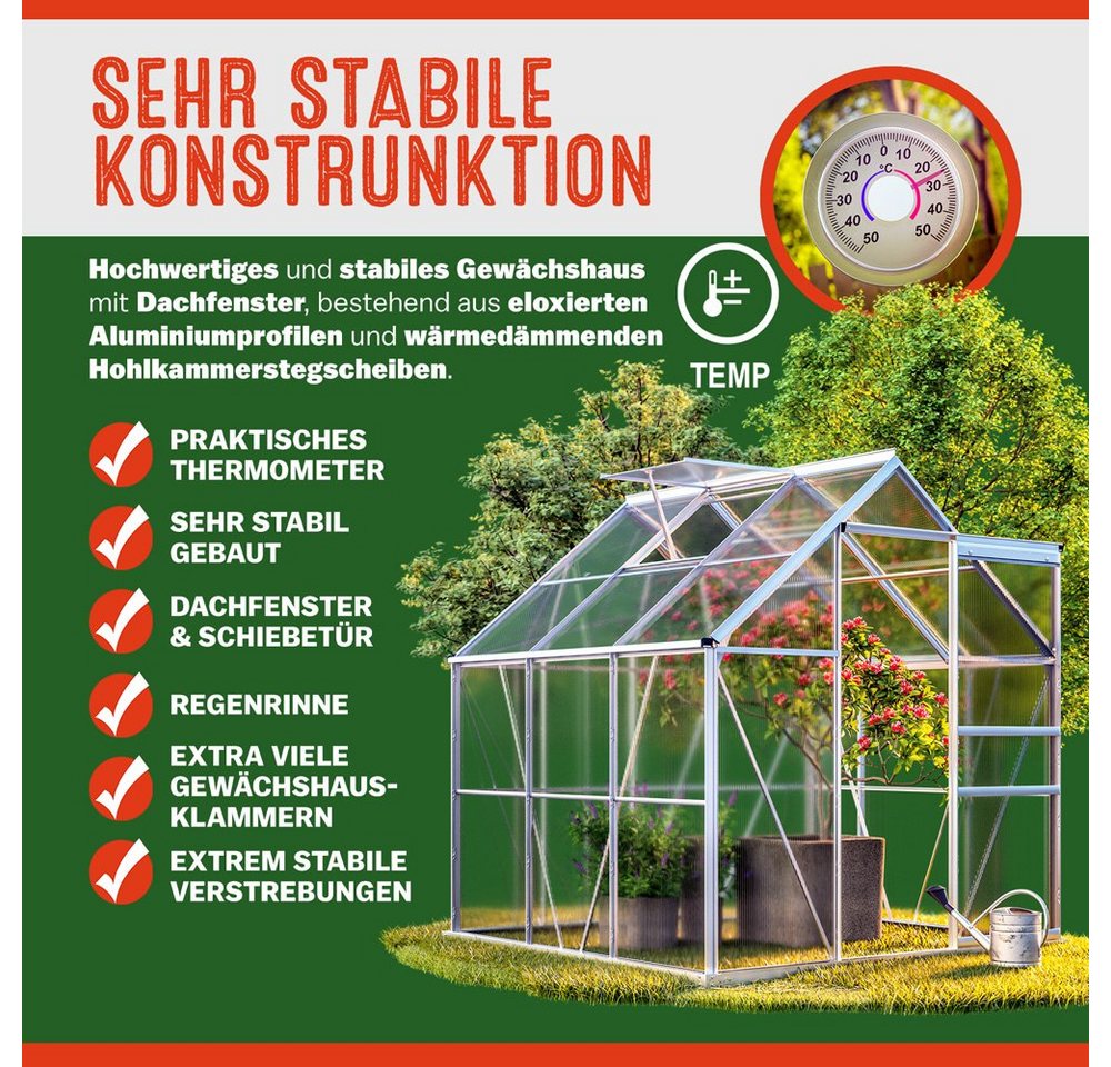 Thumbnail - Gardebruk Gewächshaus, Aluminium 3,6m² 190x190cm inkl. Dachfenster Treibhaus Gartenhaus