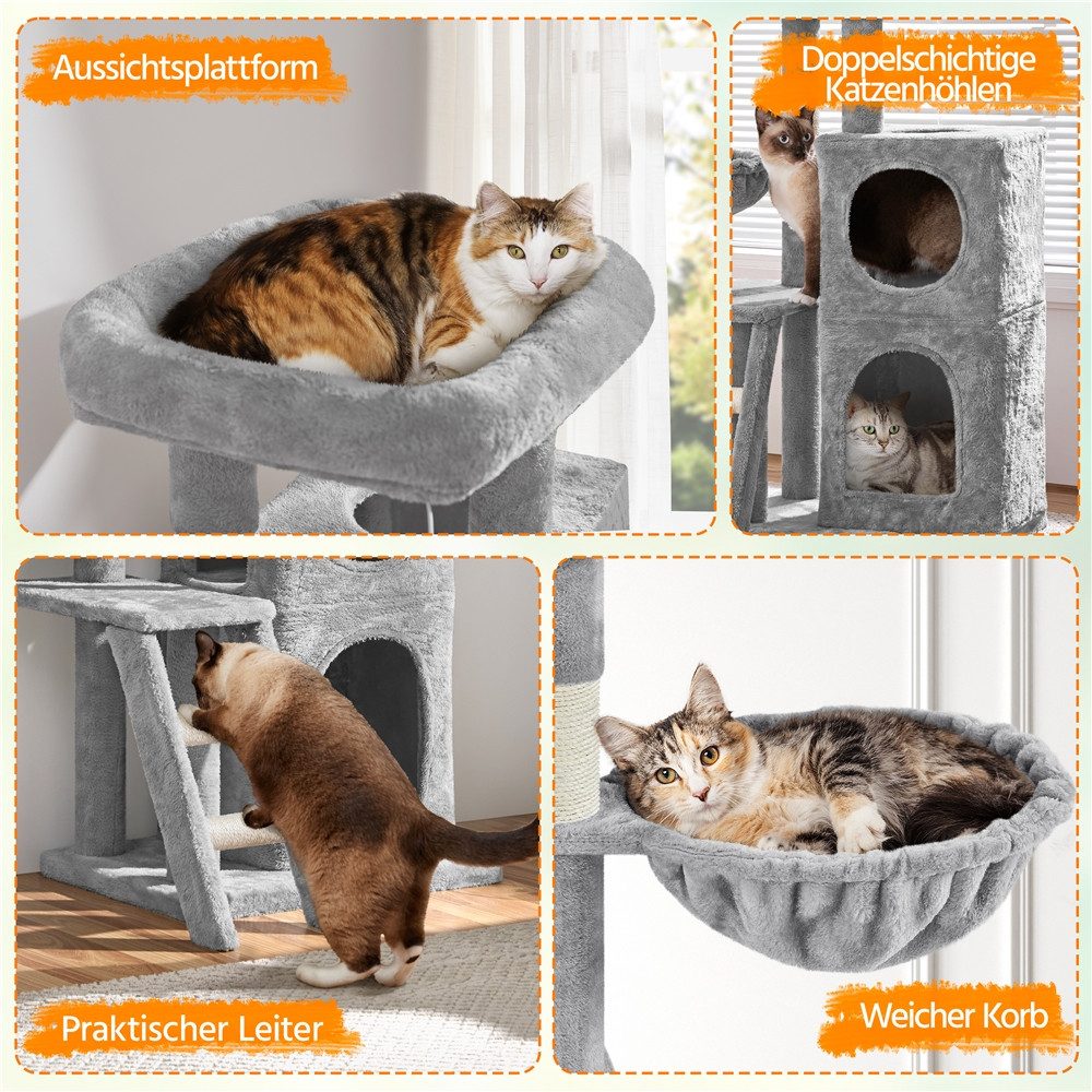 Yaheetech Kratzbaum 94 cm (H), Katzenbaum mit 2 Katzenhöhle, Liegemulde, Hängende Plüschball, Treppe
