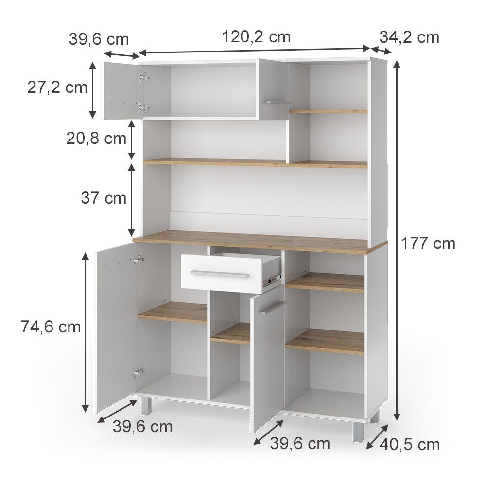 Vicco Küchenbuffet Pure, Weiß/Artisan-Eiche, 120.2 x 177 cm (1-St)
